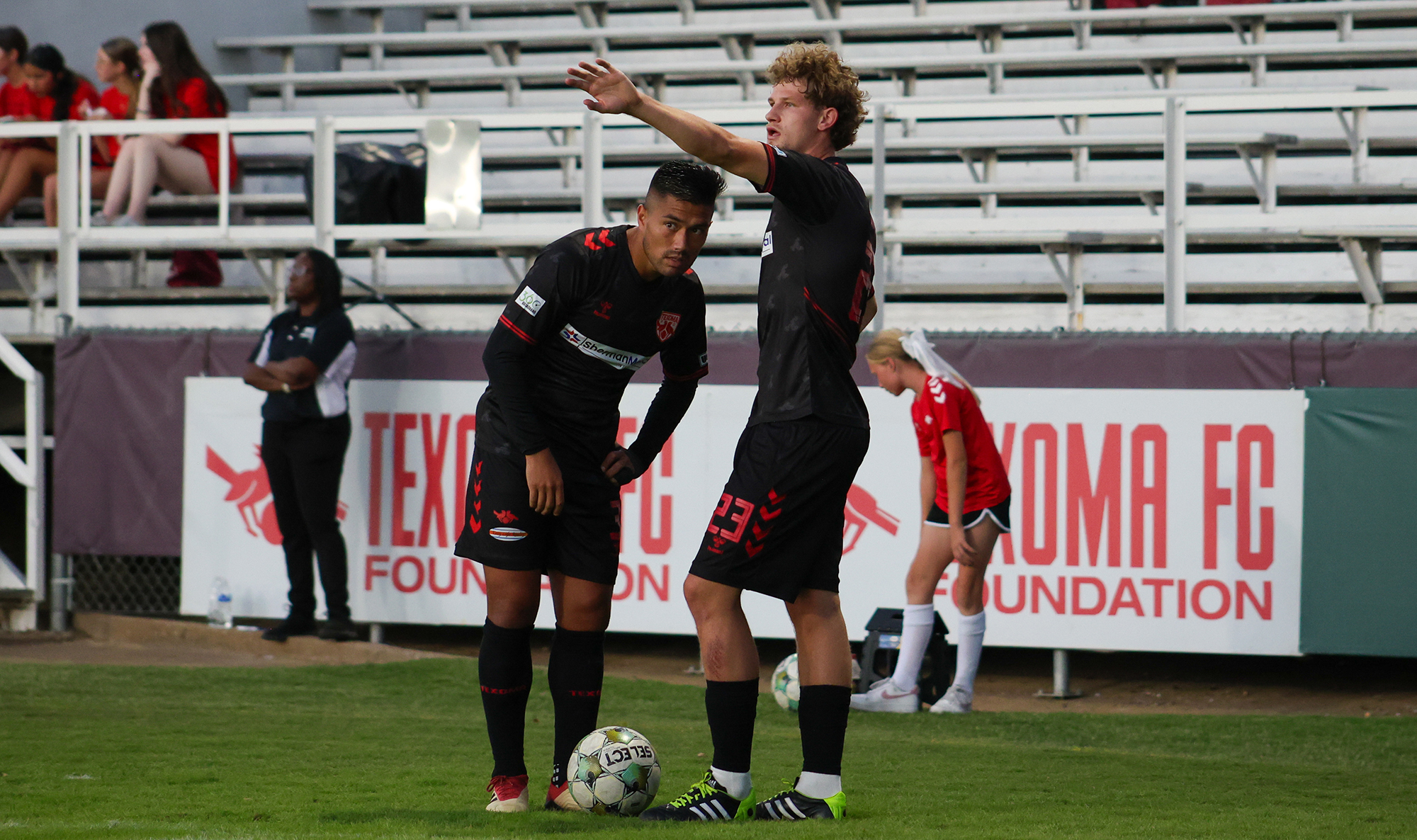 Texoma's TJ Baker (23) and Ozzie Ramos consider their options during the game against AV Alta, October 4, 2025. (Beth Spicer, 3rd Degree)
