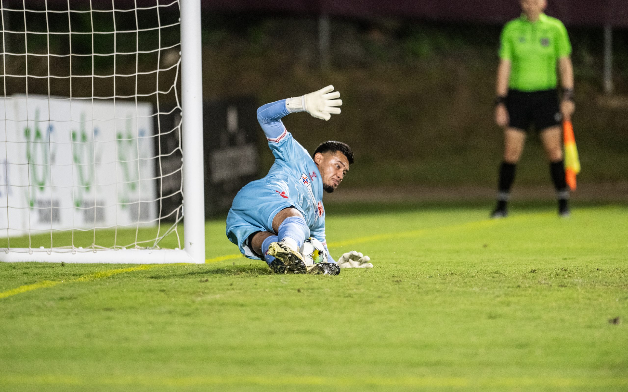 Javier Garcia bails his defense out and saves the PK for Texoma FC against the Richmond Kickers, October 11, 2025. (Mike Brooks, 3rd Degree)