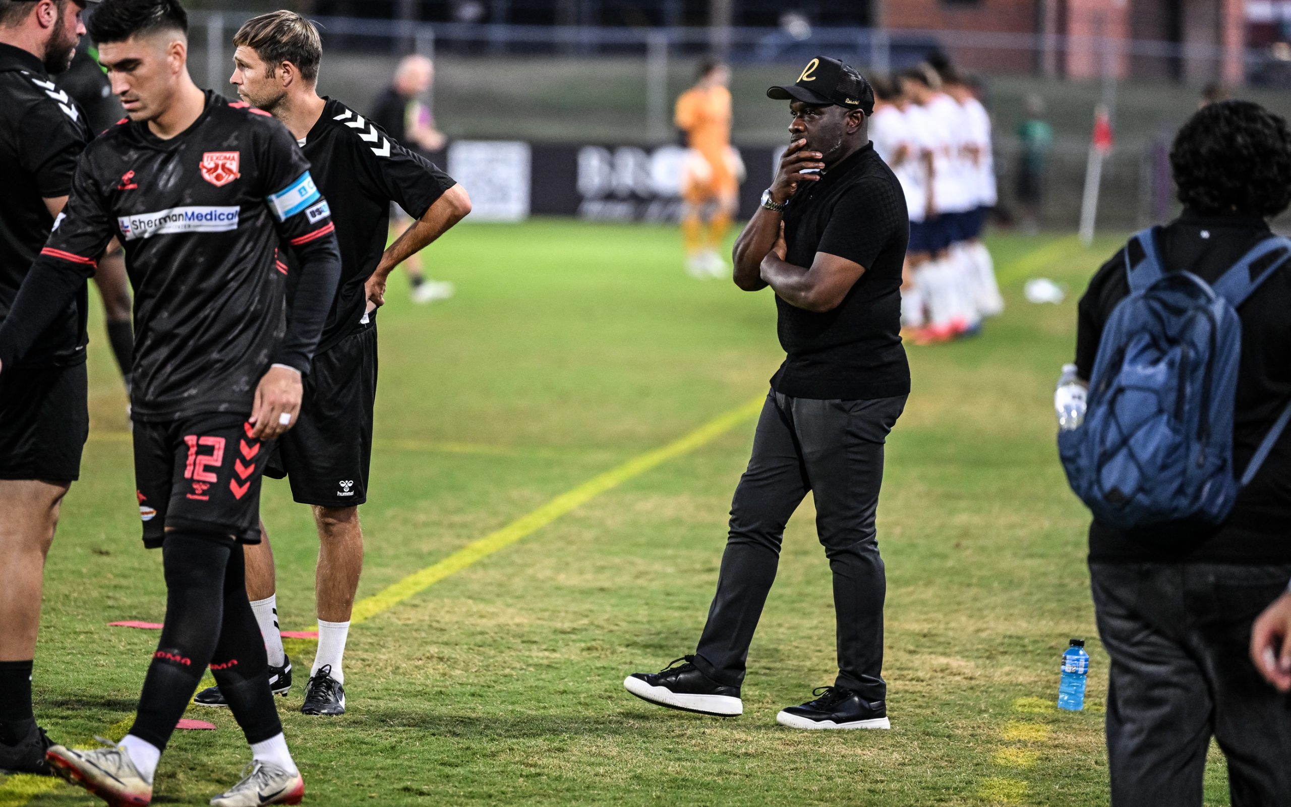 Coach Adrian Forbes thinks about his choices before Texoma FC takes on the Richmond Kickers, October 11, 2025. (Mike Brooks, 3rd Degree)