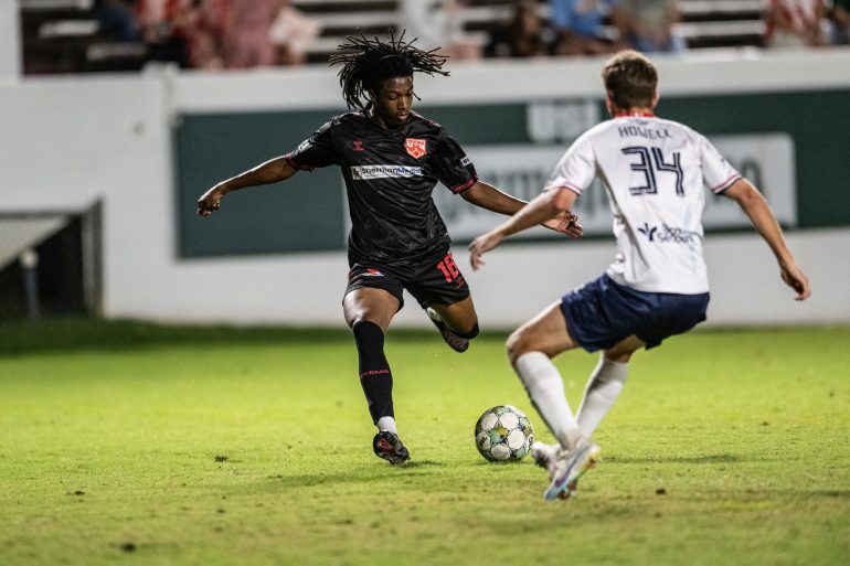 Aldair Flowers takes a shot for Texoma FC against the Richmond Kickers, October 11, 2025. (Mike Brooks, 3rd Degree)