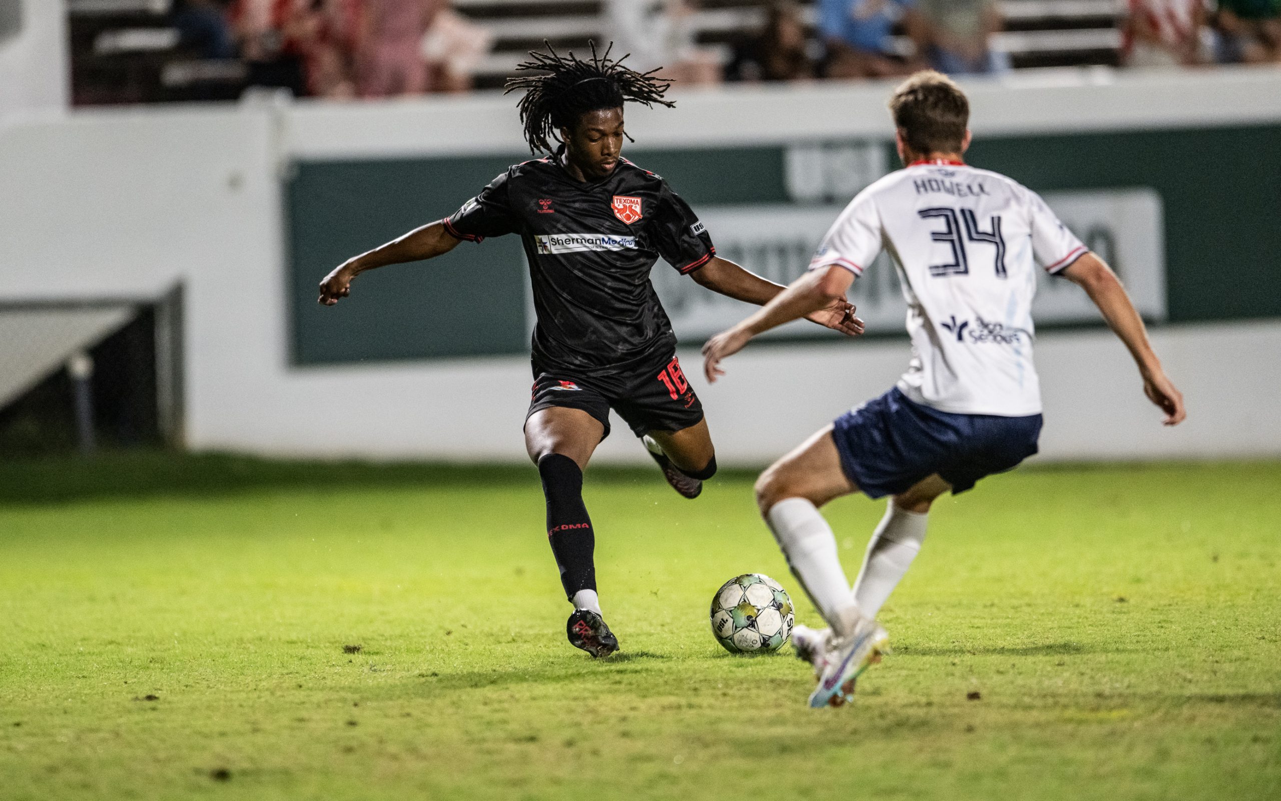 Aldair Flowers takes a shot for Texoma FC against the Richmond Kickers, October 11, 2025. (Mike Brooks, 3rd Degree)