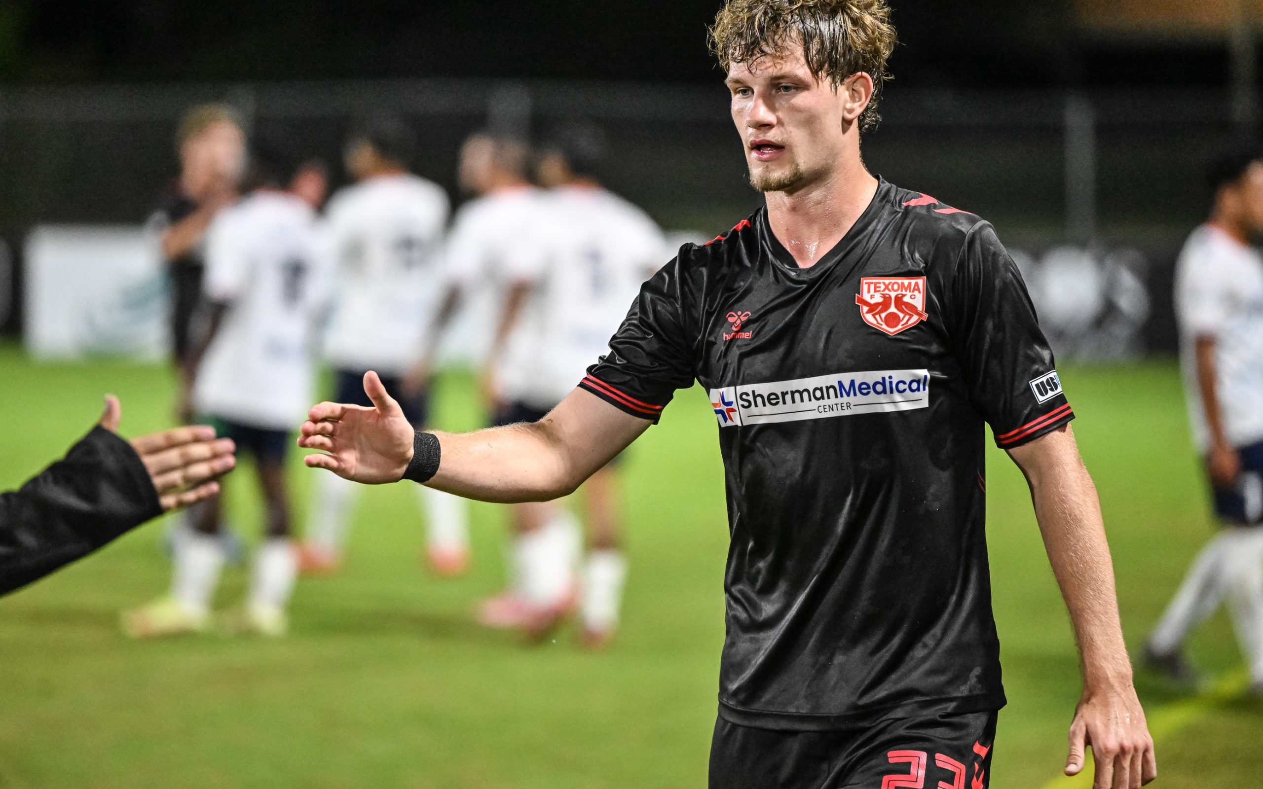 Texoma FC's TJ Baker shakes hands after the game against the Richmond Kickers, October 11, 2025. (Mike Brooks, 3rd Degree)