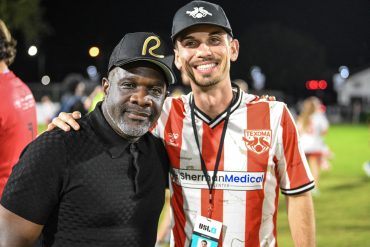 Texoma FC Coach Adrian Forbes (left) with Texoma Owner Ben Watson (right) after the final home game of the season, October 11, 2025. (Mike Brooks, 3rd Degree)