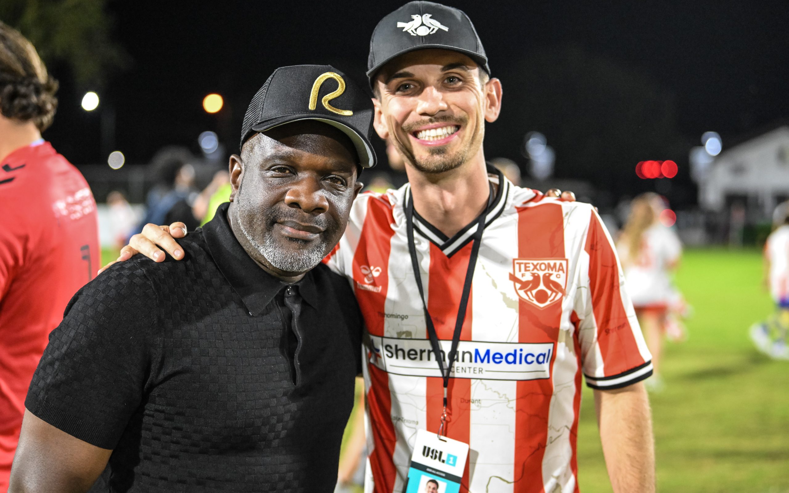 Texoma FC Coach Adrian Forbes (left) with Texoma Owner Ben Watson (right) after the final home game of the season, October 11, 2025. (Mike Brooks, 3rd Degree)
