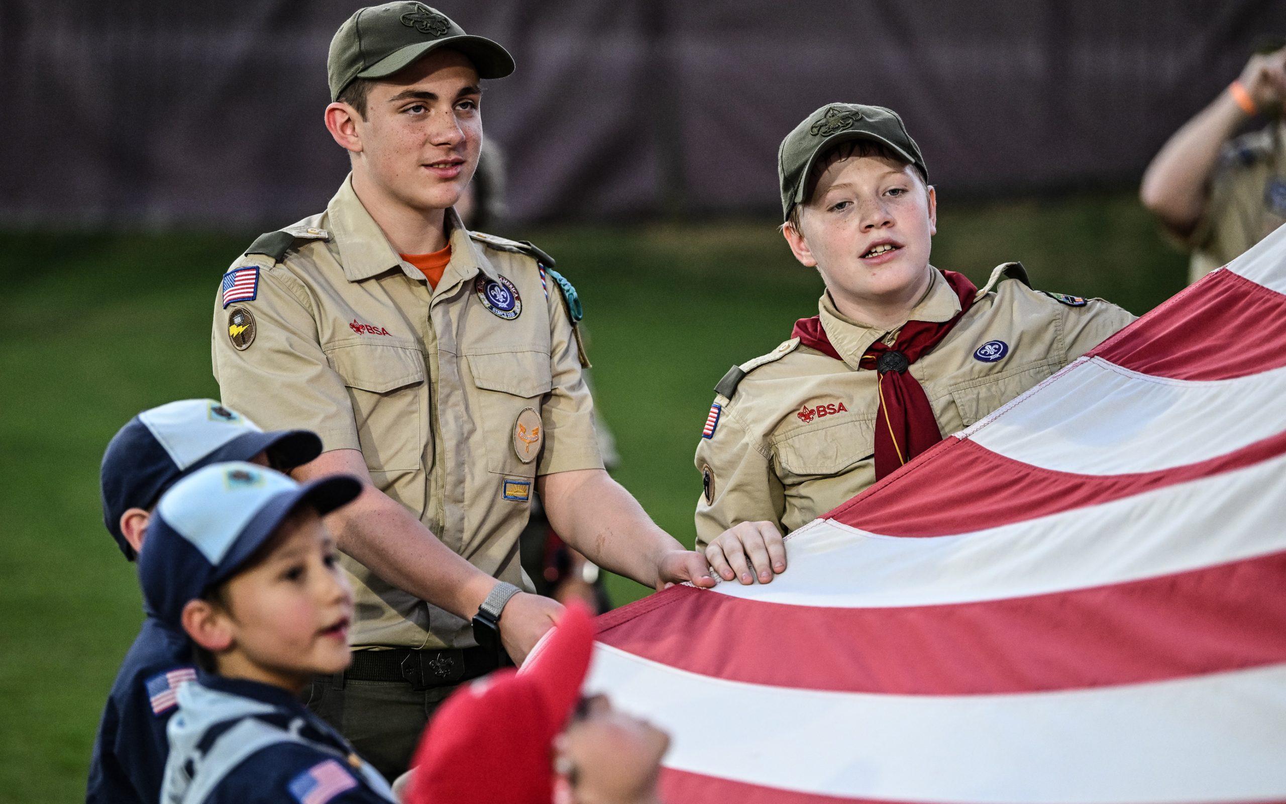 Local Boy Scouts and Cub Scouts hold the flag before Texoma FC takes on the Richmond Kickers, October 11, 2025. (Mike Brooks, 3rd Degree)