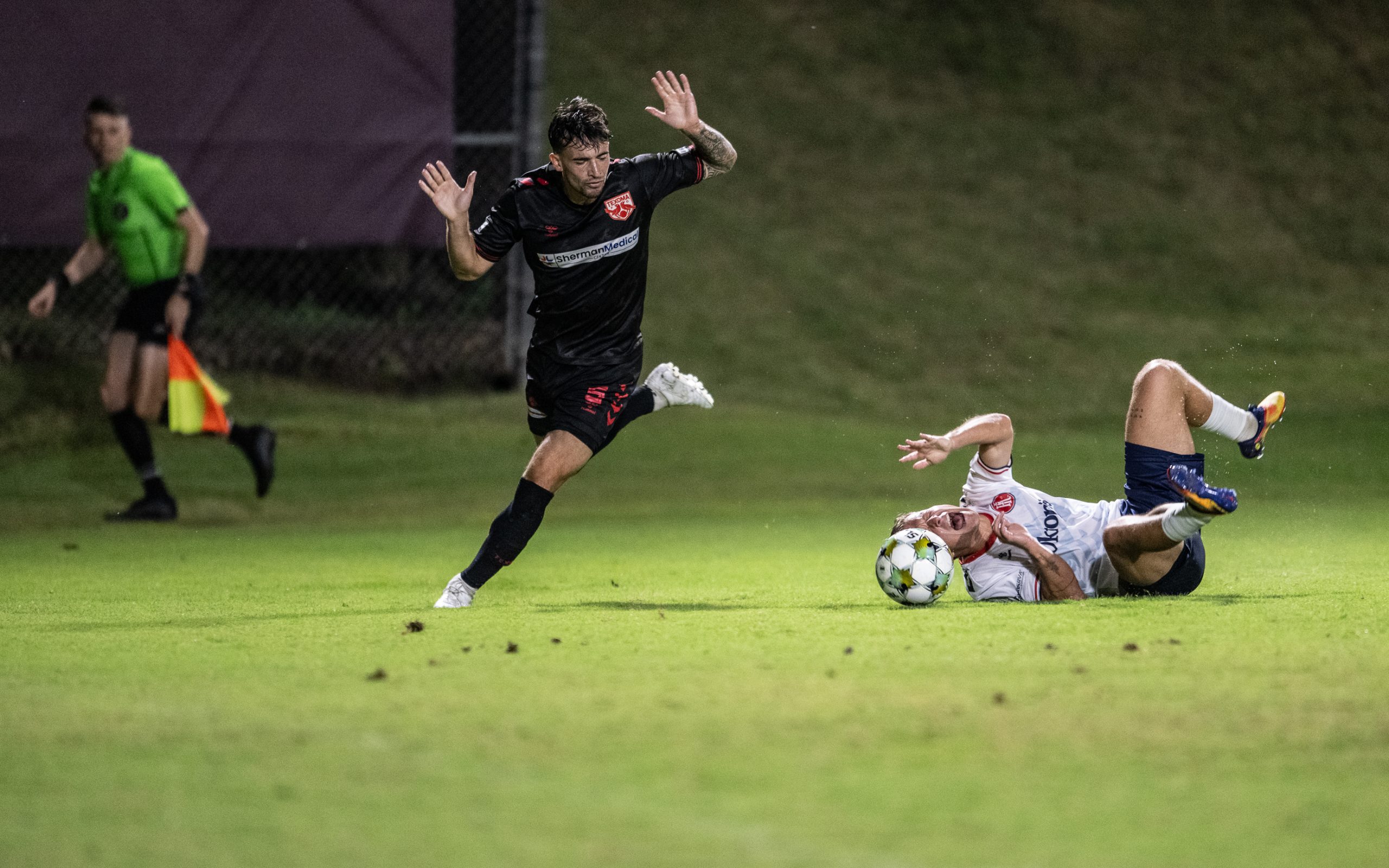Angelo Calfo of Texoma FC prays he hasn't given up a PK against the Richmond Kickers, October 11, 2025. (Mike Brooks, 3rd Degree)