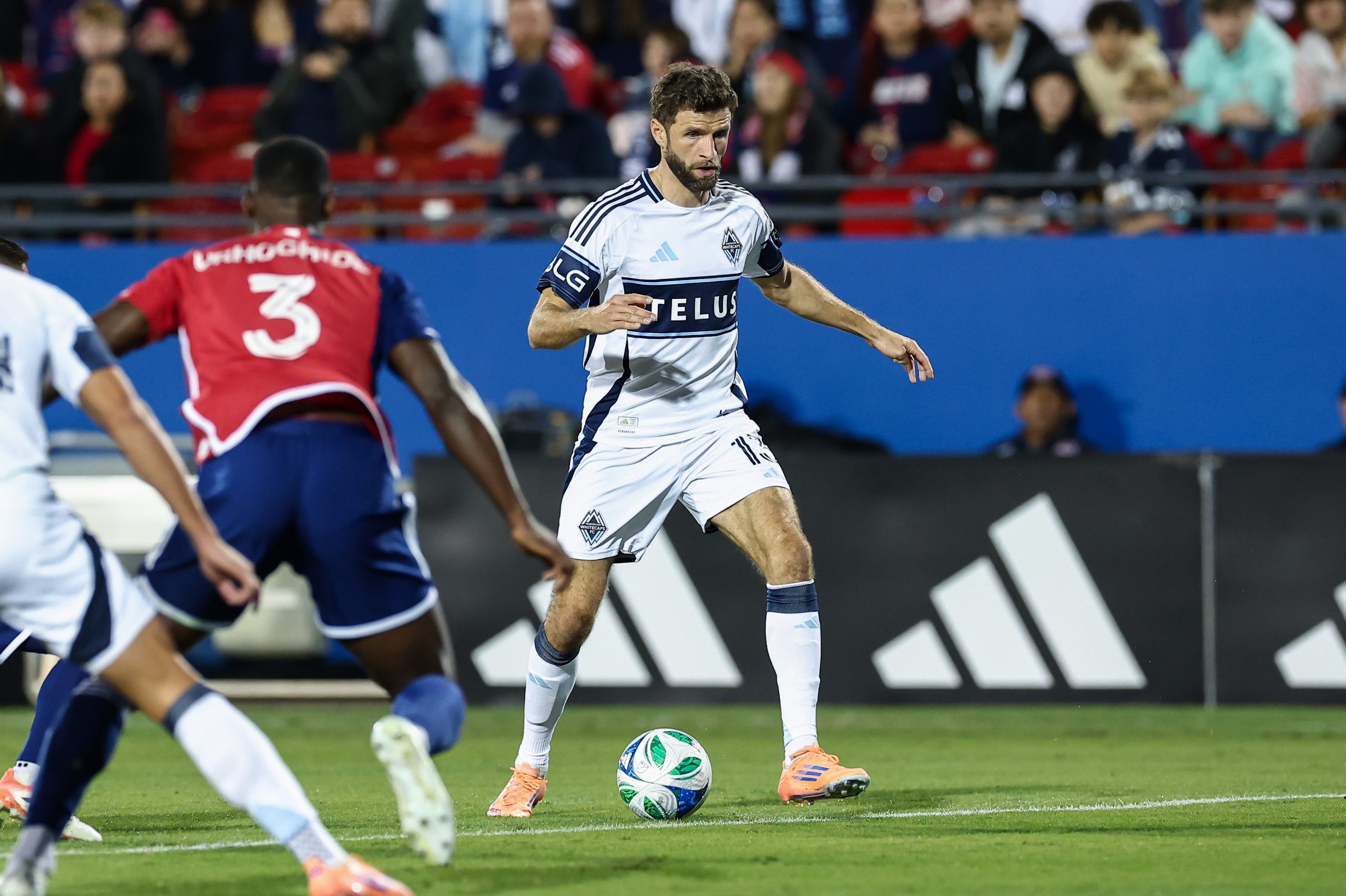 Vancouver Whitecaps' Thomas Müller on the ball against FC Dallas in the MLS Cup Playoff game 2, November 1, 2025. (Matt Visinsky, 3rd Degree)