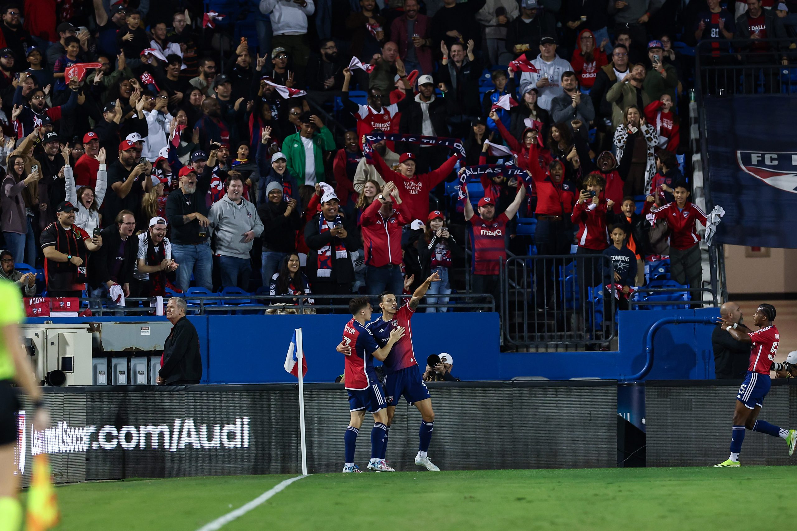 Petar Musa celebrates his goal with Longan Farrington against the Vancouver Whitecaps in the MLS Cup Playoff game 2, November 1, 2025. (Matt Visinsky, 3rd Degree)