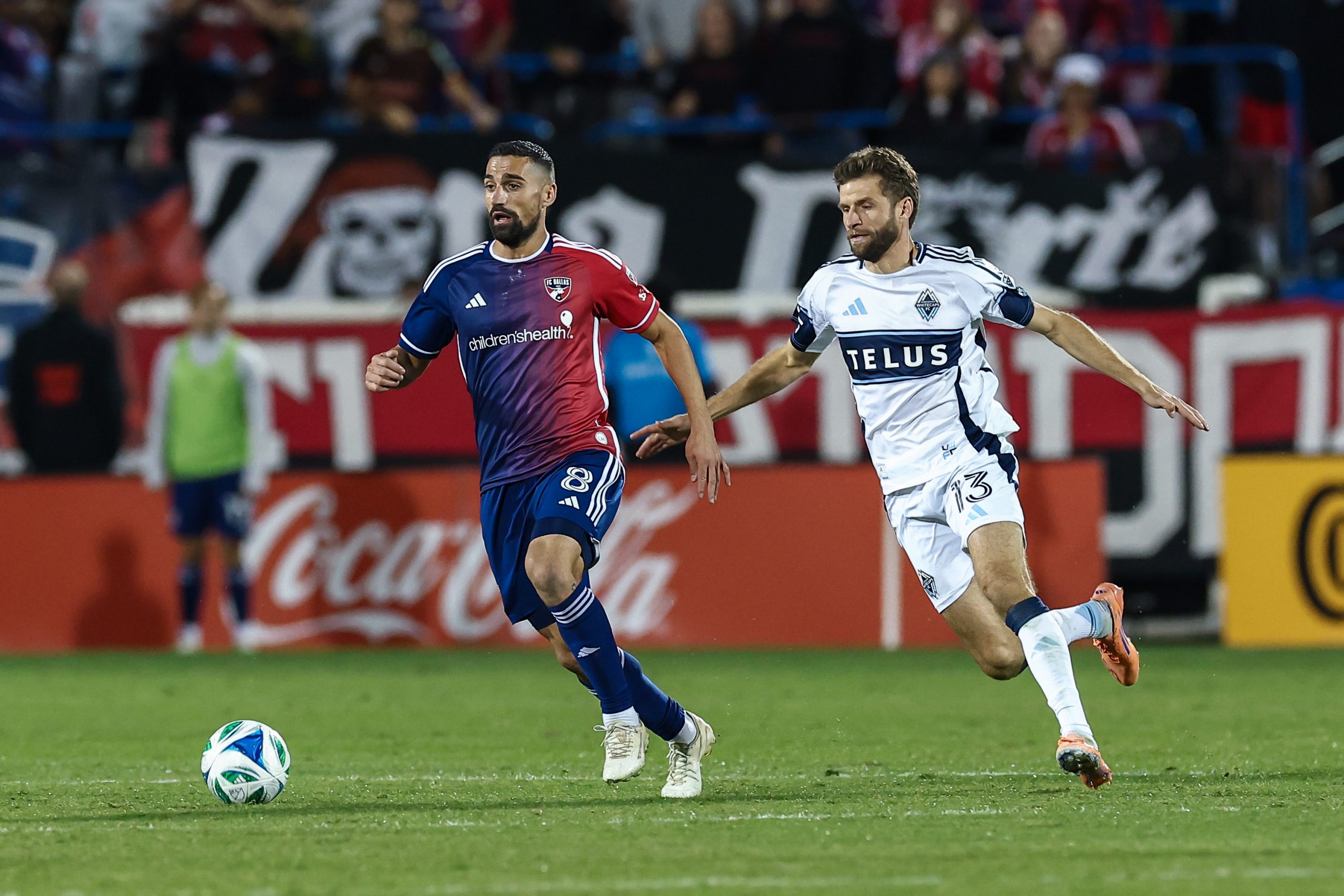 Sebastian Lletget is chased by Thomas Müller of the Vancouver Whitecaps in the MLS Cup Playoff game 2, November 1, 2025. (Matt Visinsky, 3rd Degree)