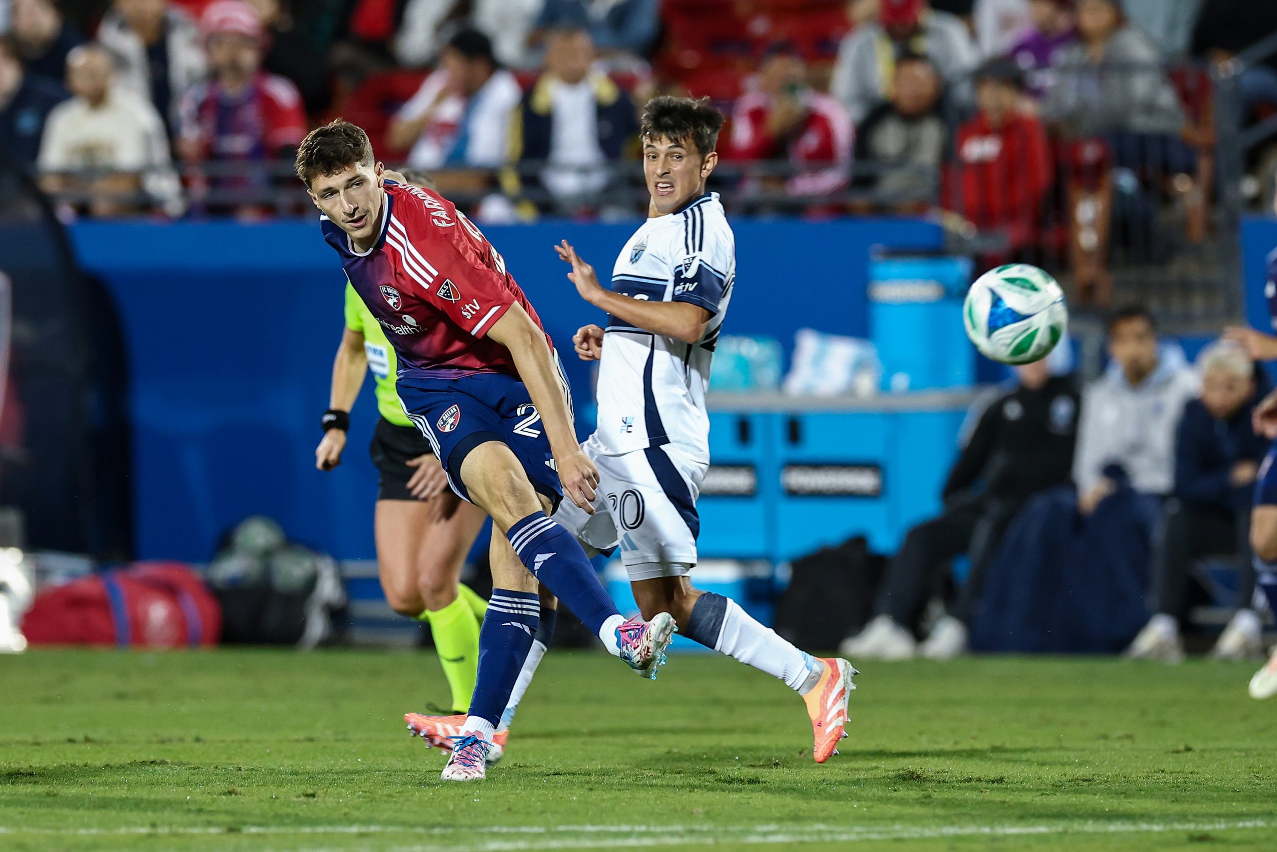 Logan Farrington fires a shot against the Vancouver Whitecaps in the MLS Cup Playoff game 2, November 1, 2025. (Matt Visinsky, 3rd Degree)