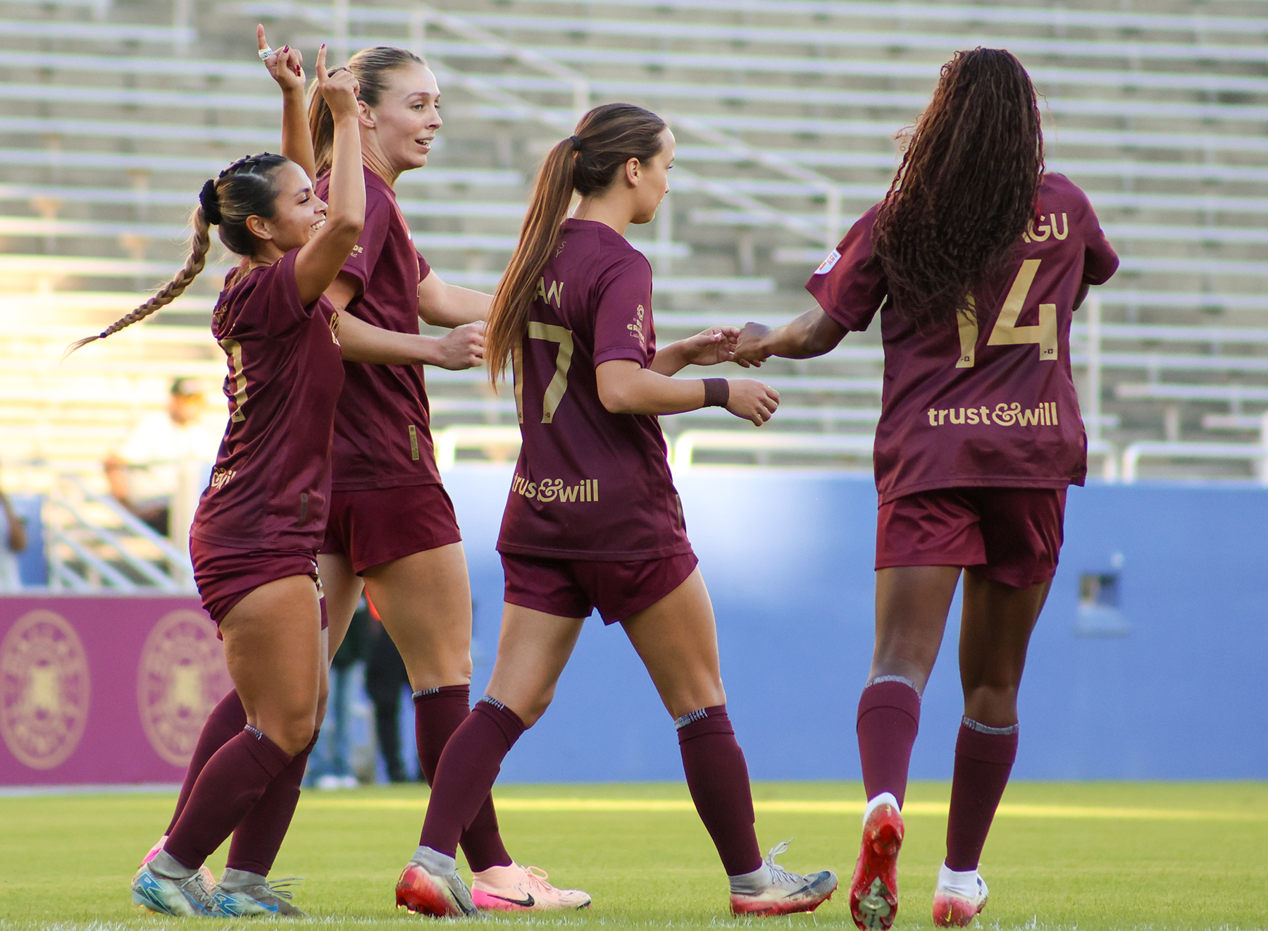 Dallas Trinity celebrates Camryn Lancaster's goal against DC Power, November 2, 2025. (Beth Spicer, 3rd Degree)