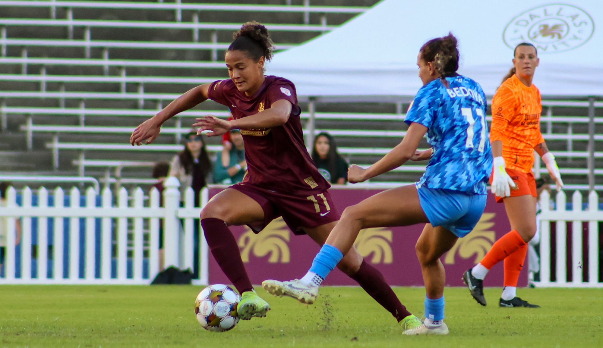 Maya McCutcheon dribbles away from a DC Power defender, November 2, 2025. (Beth Spicer, 3rd Degree)
