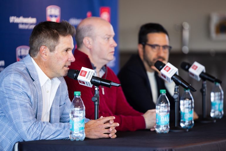 Eric Quill, Dan Hunt, and Andre Zanotta speak to the media, December 2, 2025. (Courtesy FC Dallas)