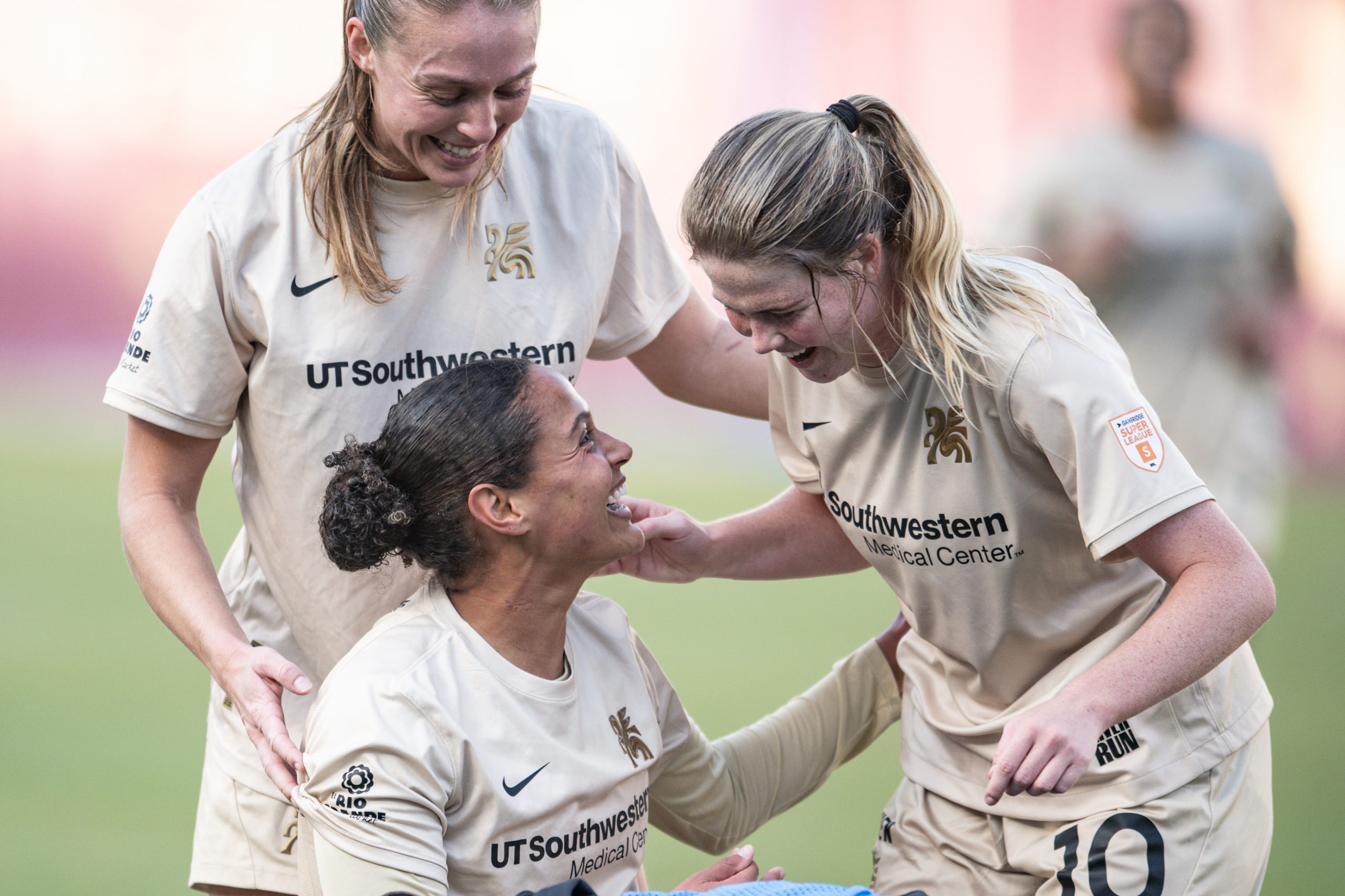 Trinity players celebrate Lexi Missimo's goal in the 1-0 Dallas Trinity win over Carolina Ascent, December 13, 2025. (Mike Brooks, 3rd Degree)