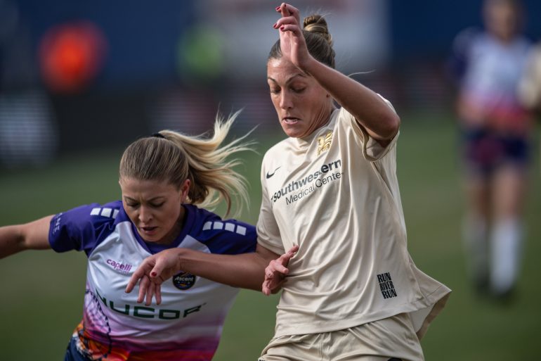 Hanna Davison fights off an attacker in the 1-0 Dallas Trinity win over Carolina Ascent, December 13, 2025. (Mike Brooks, 3rd Degree)