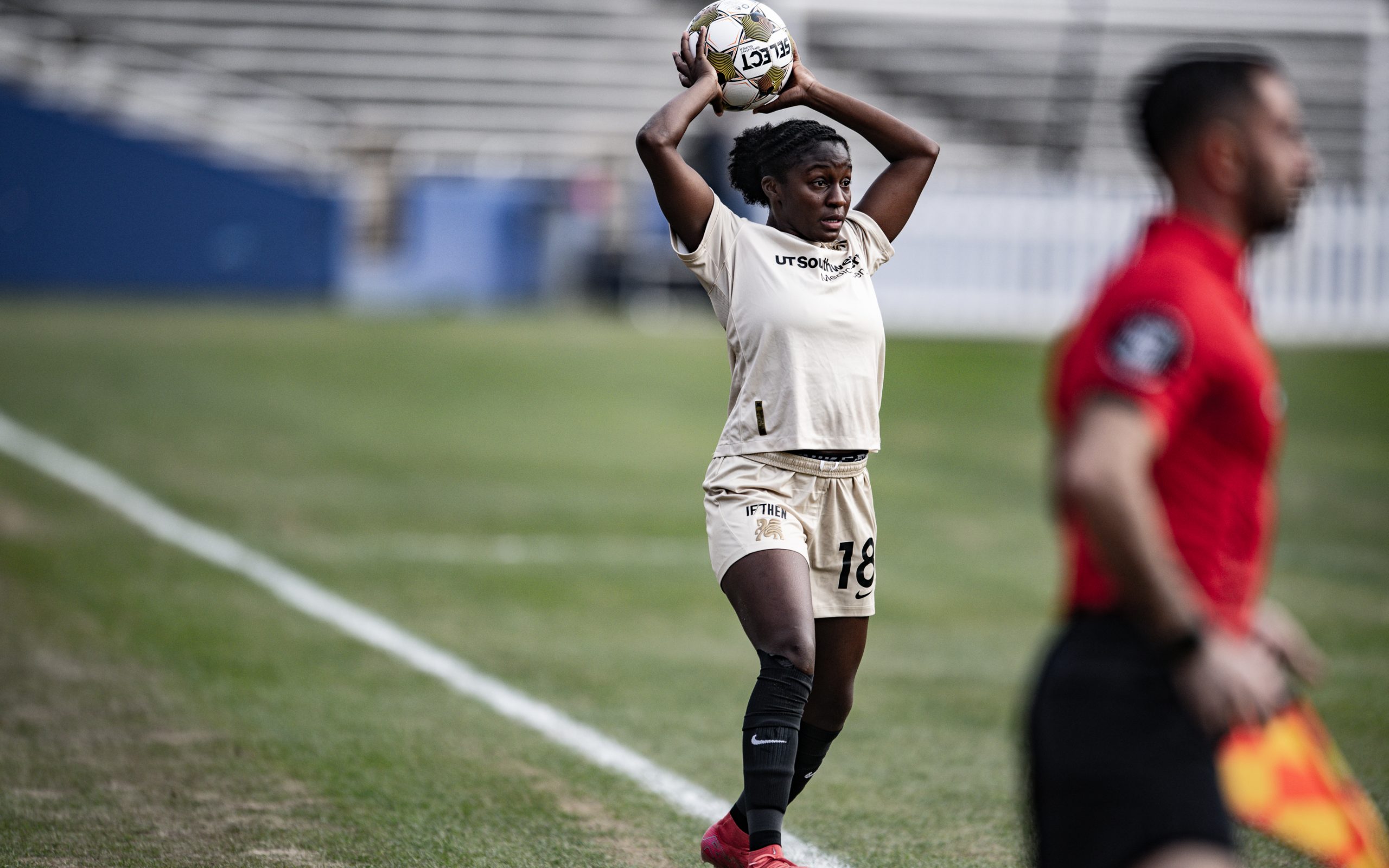 Samar Guidry throws the ball in during the 1-0 Dallas Trinity win over Carolina Ascent, December 13, 2025. (Mike Brooks, 3rd Degree)