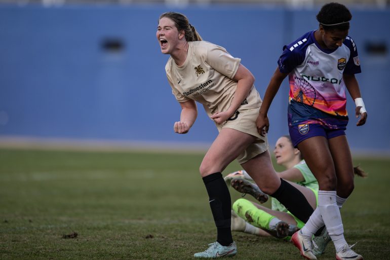 Lexi Missimo celebrates her game winner in the 1-0 Dallas Trinity win over Carolina Ascent, December 13, 2025. (Mike Brooks, 3rd Degree)