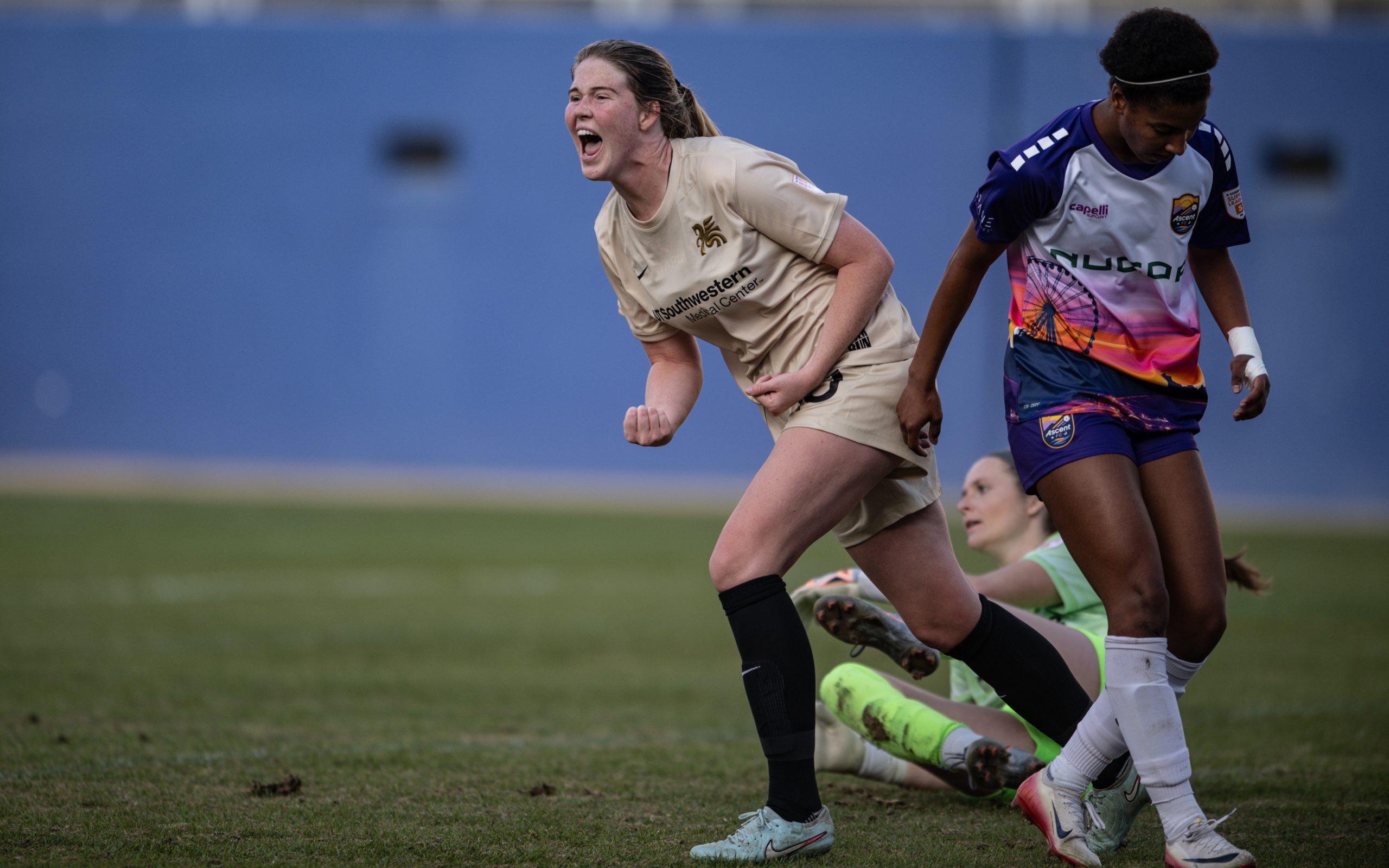Lexi Missimo celebrates her game winner in the 1-0 Dallas Trinity win over Carolina Ascent, December 13, 2025. (Mike Brooks, 3rd Degree)