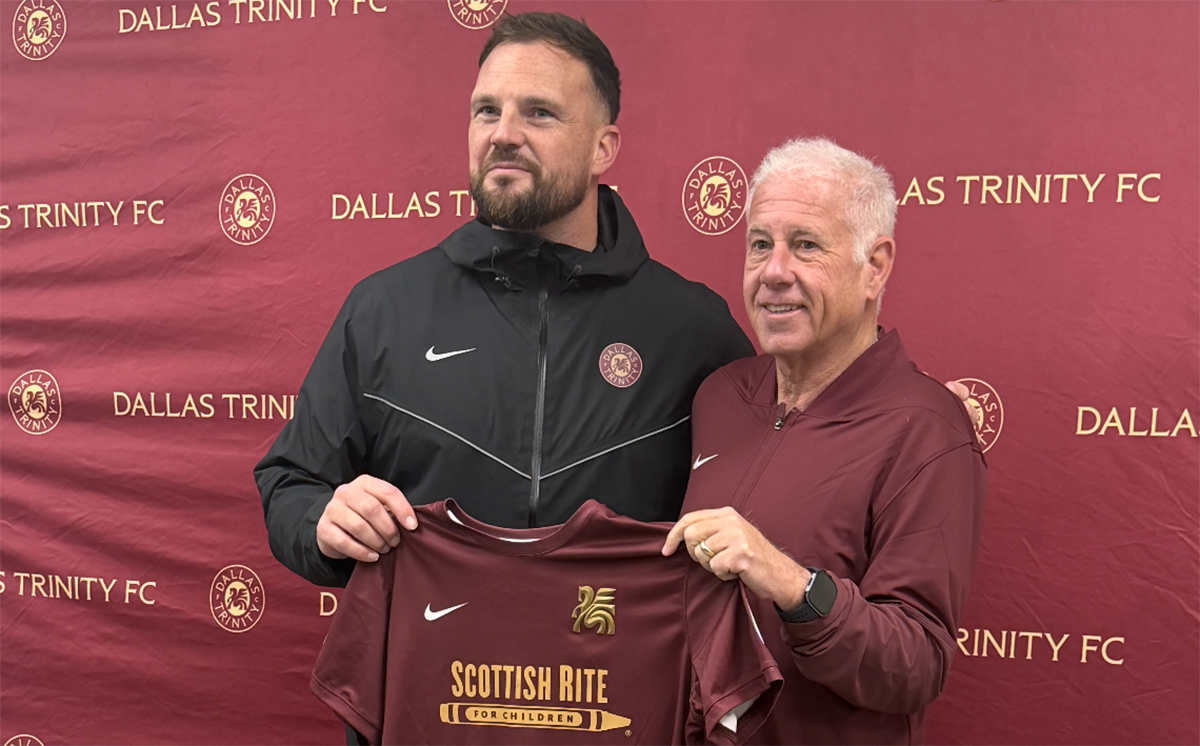 Dallas Trinity FC GM Chris Petrucelli welcomes new Head Coach Nathan Thackeray to the club (January 22, 2026, The Hockaday School)