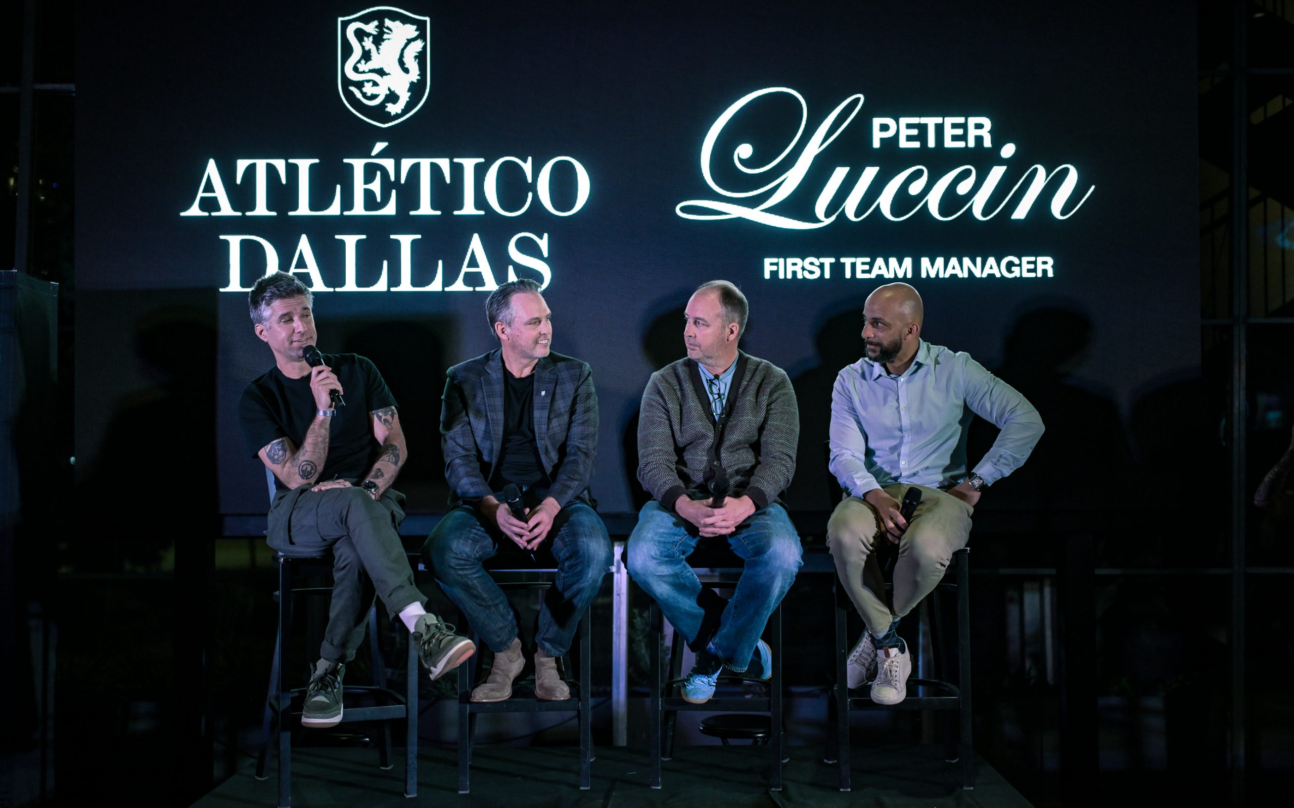 (L to R) Kyle Martino, Atlético Dallas Partner, Matt Valentine, Atlético Dallas Co-Founder, Brian Cocoran, Atlético Dallas Sporting Director, and Peter Luccin, Atlético Dallas First Team Manager, at the Atlético Dallas introduction event of new head coach Peter Luccin, February 12, 2026. (Mike Brooks, 3rd Degree)