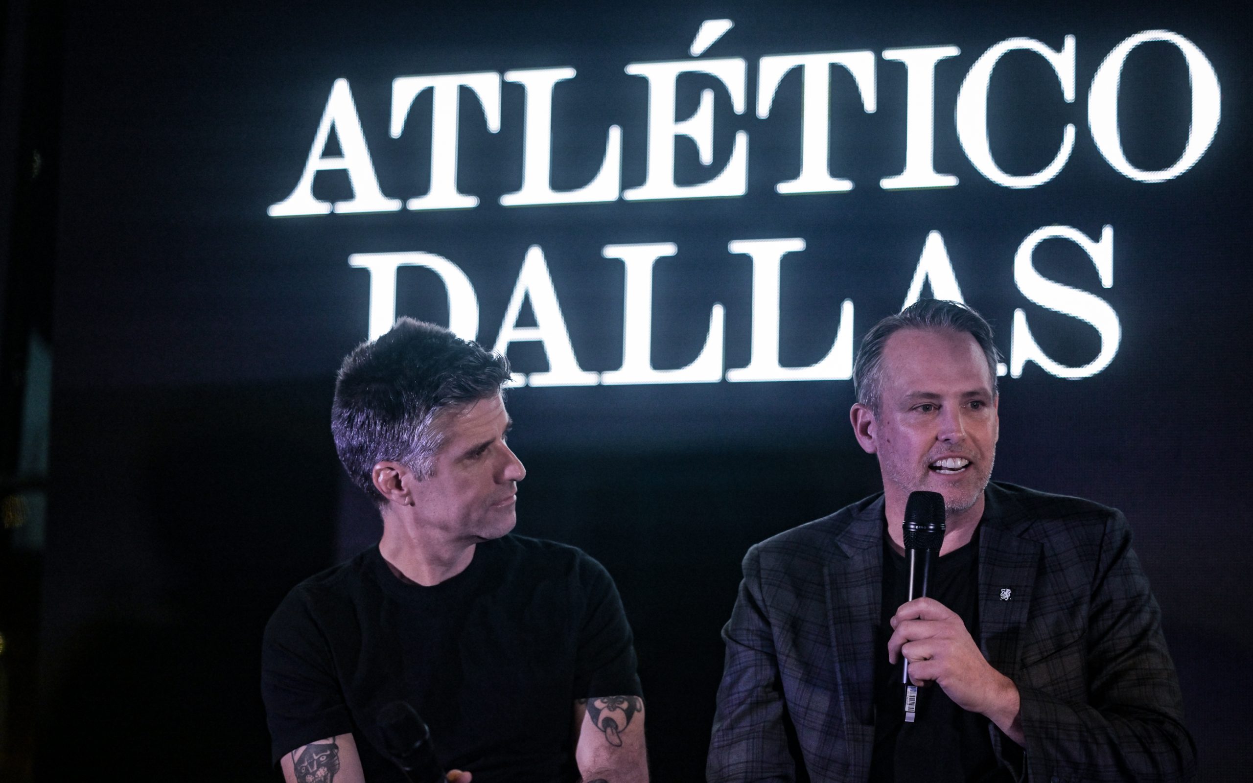 Kyle Martino and Matt Valentine speak at the Atlético Dallas introduction event of new head coach Peter Luccin, February 12, 2026. (Mike Brooks, 3rd Degree)