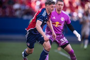 Logan Farrington loo s for space in an FC Dallas preseason game against New York Red Bulls, February 7, 2026. (Mike Brooks, 3rd Degree)