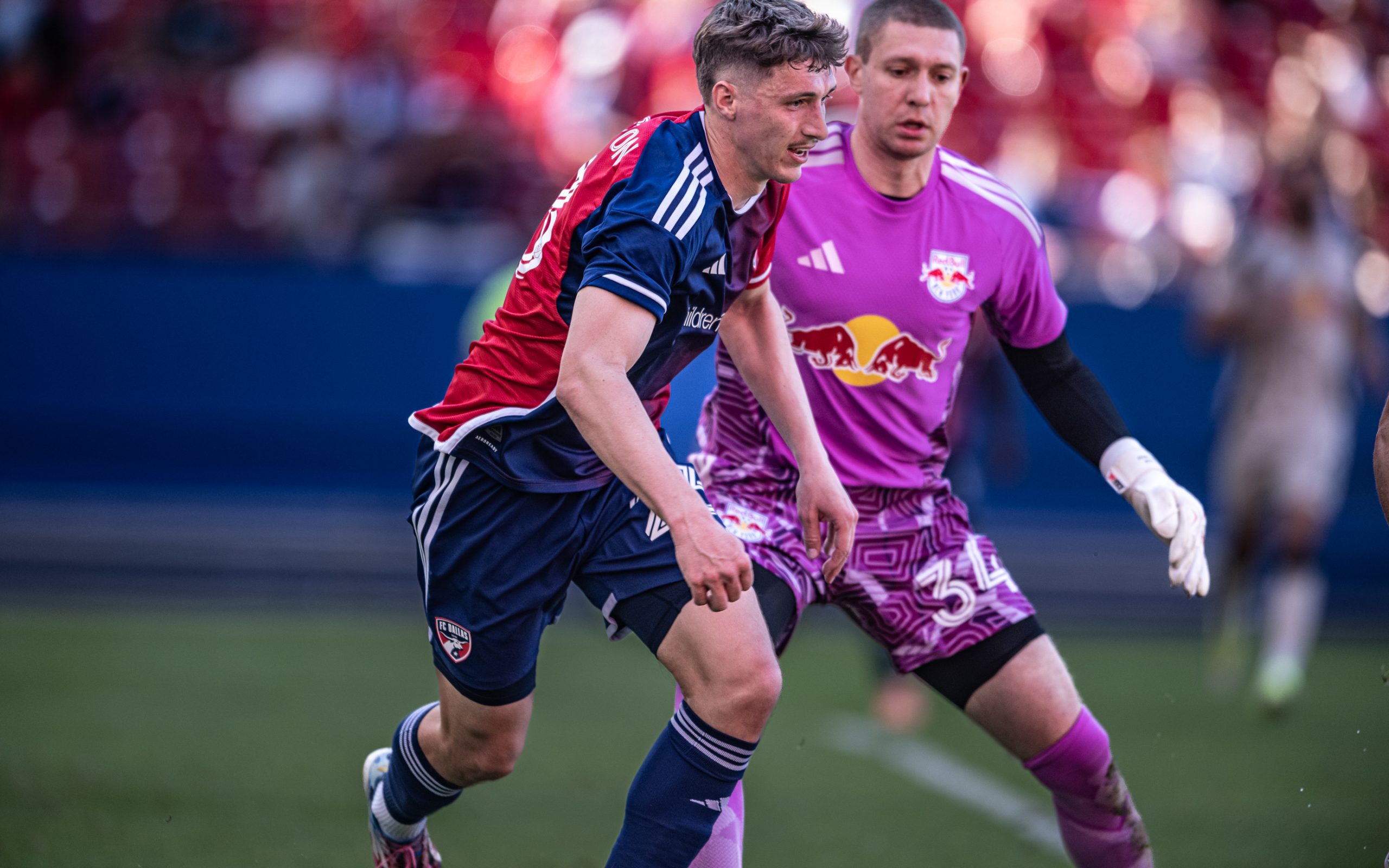 Logan Farrington loo s for space in an FC Dallas preseason game against New York Red Bulls, February 7, 2026. (Mike Brooks, 3rd Degree)