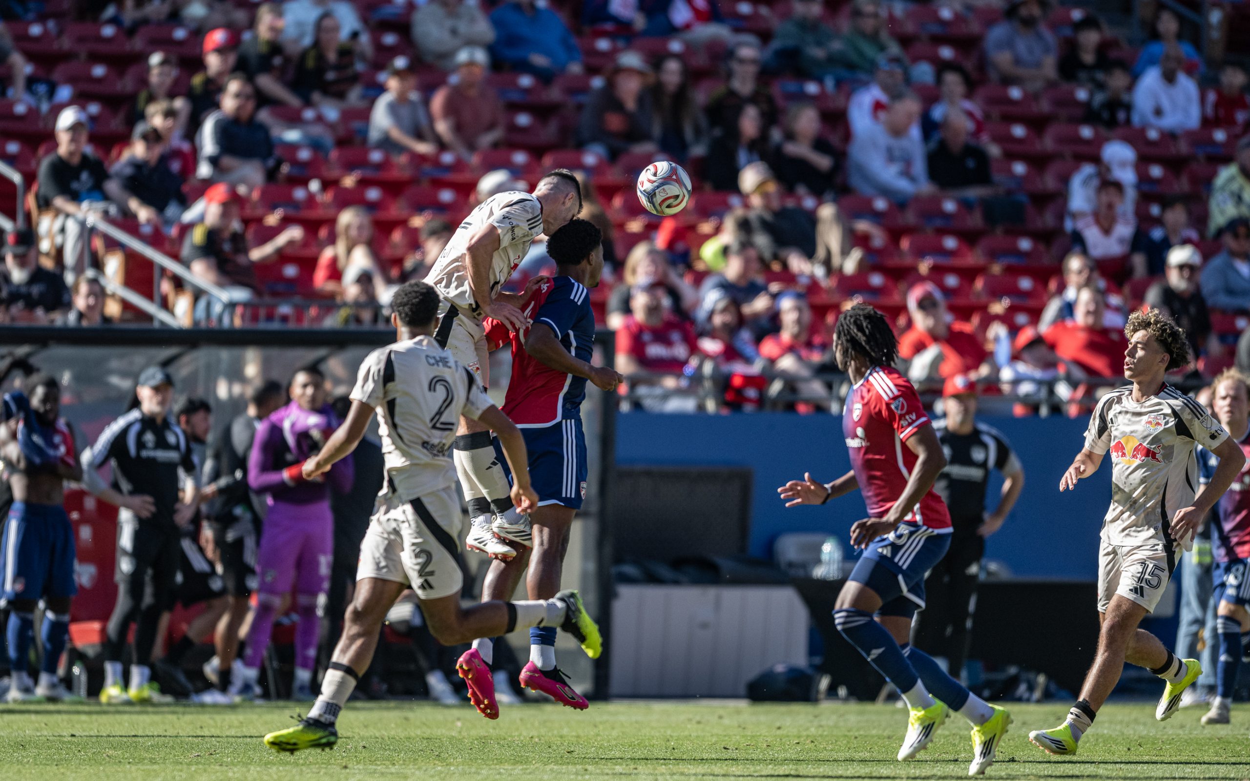 Nick Simmonds (16) goes up for a header in an FC Dallas preseason game against New York Red Bulls, February 7, 2026. (Mike Brooks, 3rd Degree)