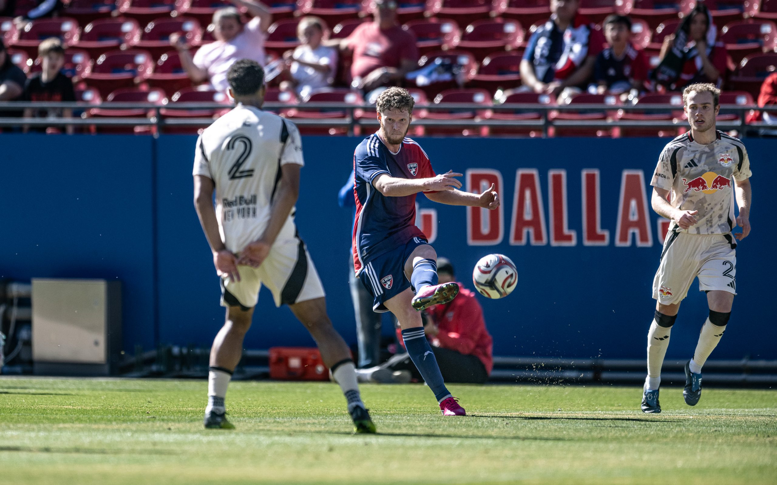 Christian Cappis plays a leading pass in an FC Dallas preseason game against New York Red Bulls, February 7, 2026. (Mike Brooks, 3rd Degree)