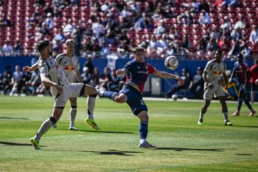 Logan Farrington lines up a side volley in an FC Dallas preseason game against New York Red Bulls, February 7, 2026. (Mike Brooks, 3rd Degree)
