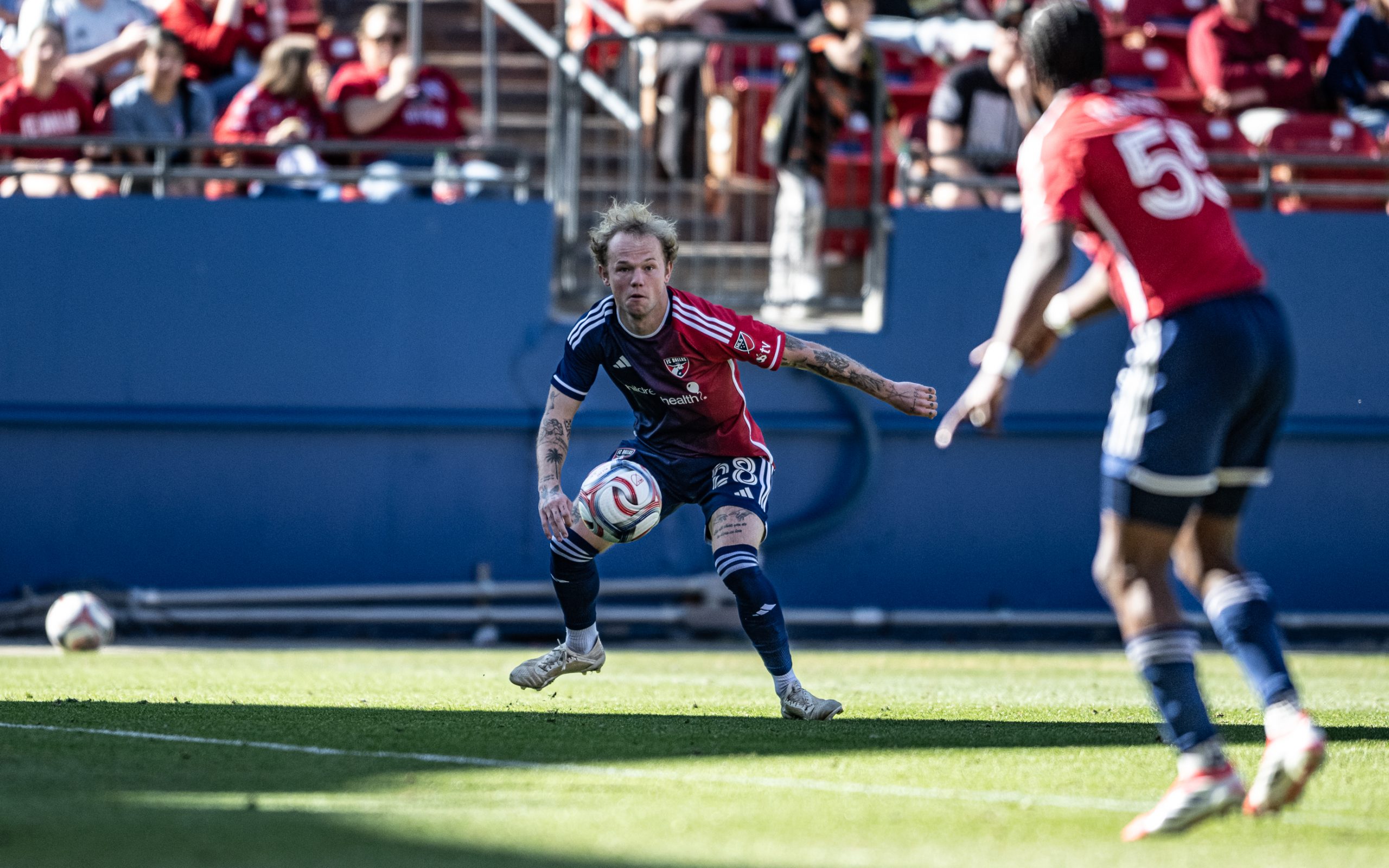 Sam Sarver (28) brings the ball down while looking for Kaick (55) in an FC Dallas preseason game against New York Red Bulls, February 7, 2026. (Mike Brooks, 3rd Degree)
