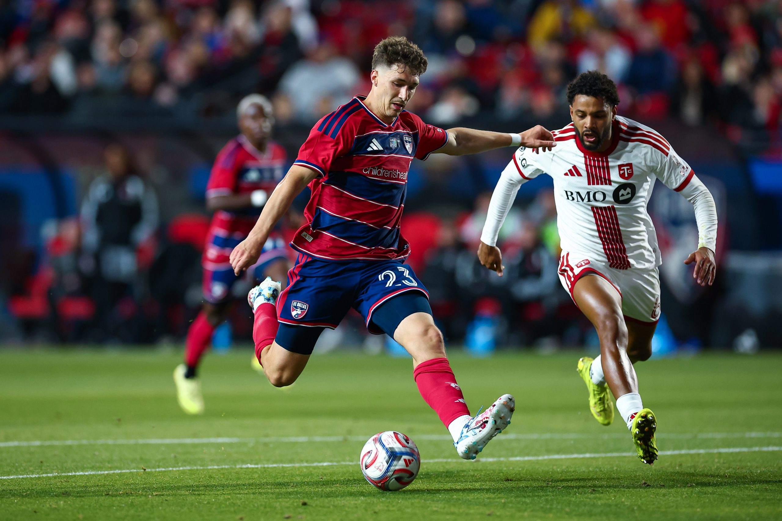 Logan Farrington takes a shot against Toronto FC, February 21, 2026. (Matthew Visinsky, 3rd Degree)