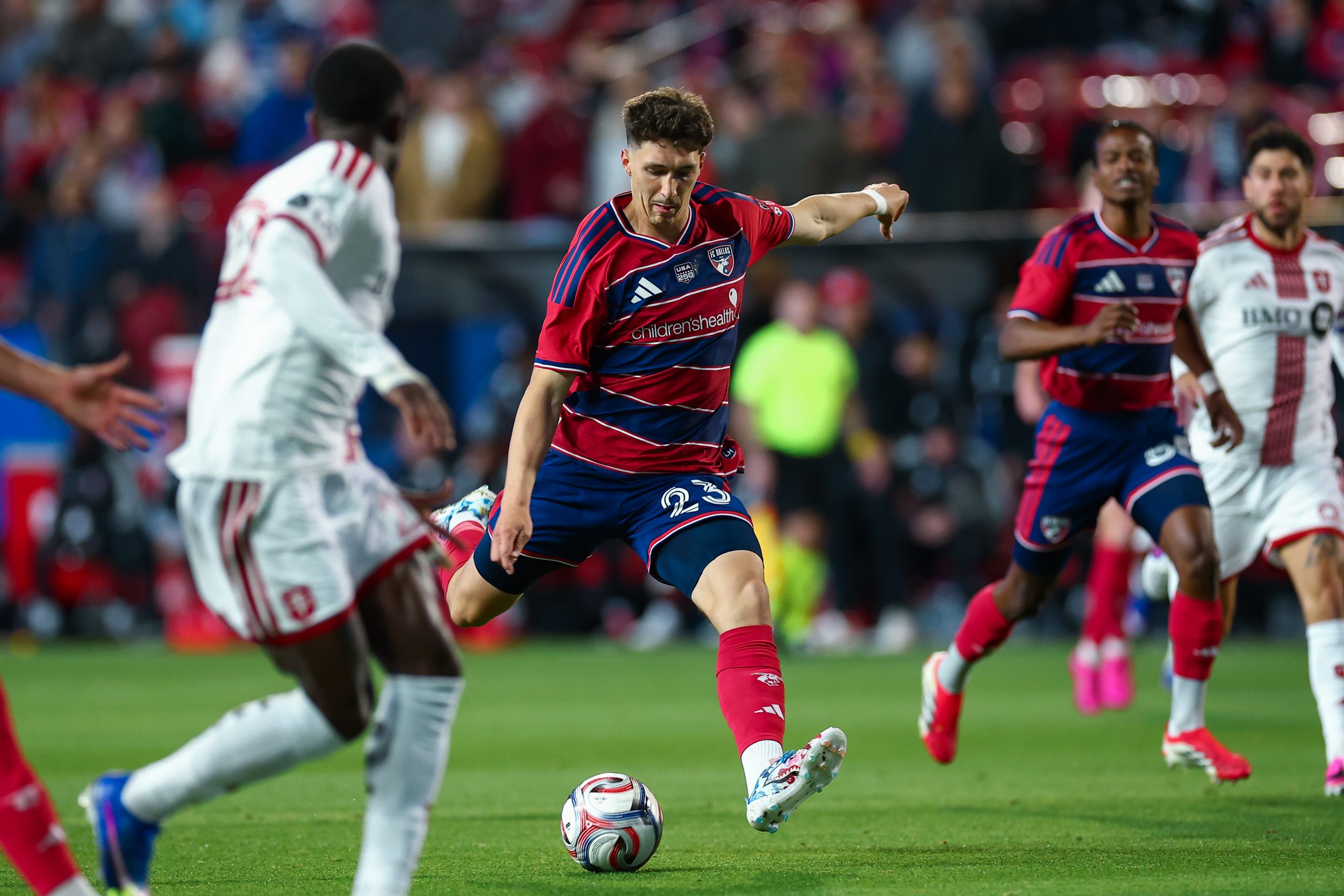 Logan Farrington takes a shot against Toronto FC, February 21, 2026. (Matthew Visinsky, 3rd Degree)