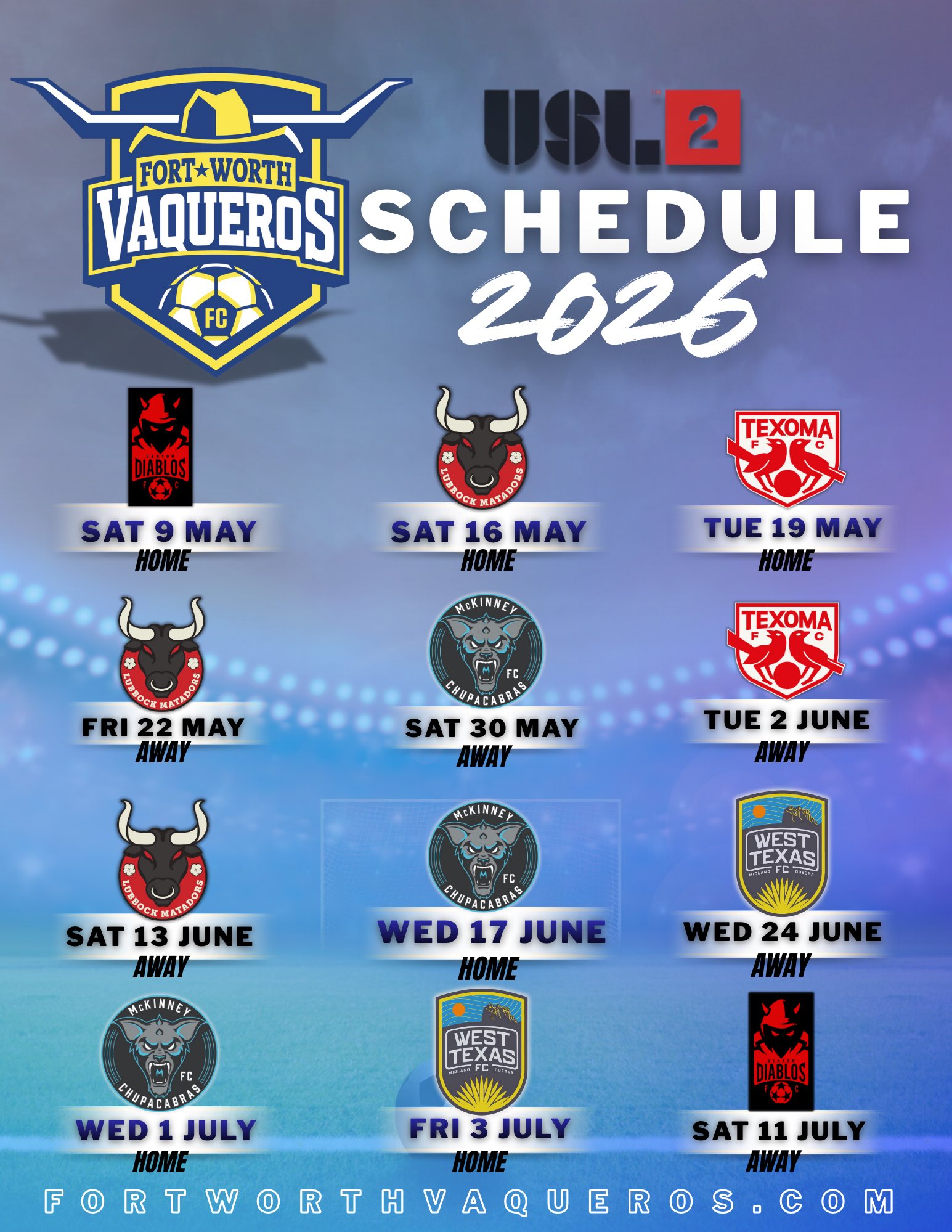 Fort Worth Vaqueros 2026 schedule