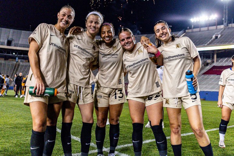 Dallas Trinity FC celebrates the victory in the first-ever I-45 Showdown, Feb. 28, 2026 (Photo: Marcanthony Chavez, Courtesy: Dallas Trinity FC)