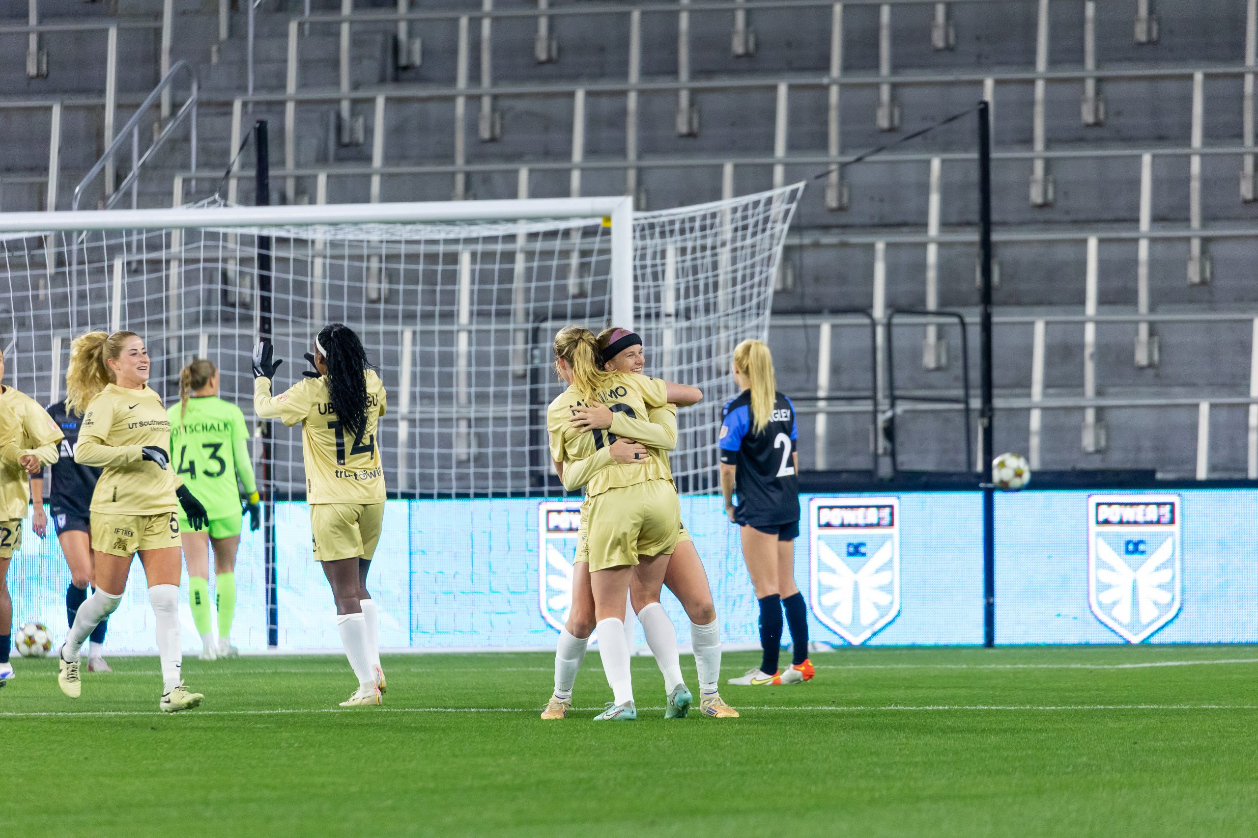 Bethany Bos & Lexi Missimo celebrate levelling the match at DC Power 3/12/26 (Kylli Asaro, Dallas Trinity FC)