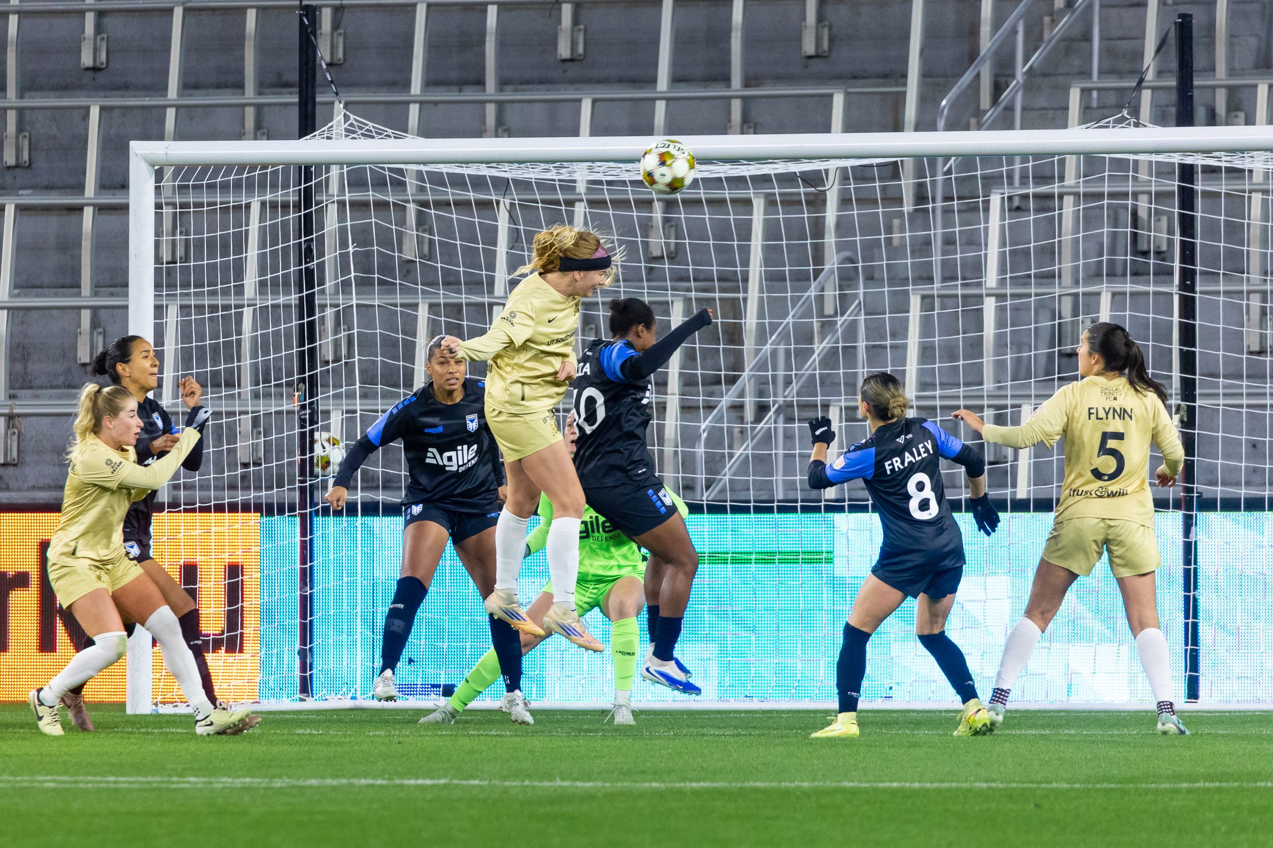 Bethany Bos heads in a goal to level it 1-1 at DC Power 3/12/26 (Kylli Asaro, Dallas Trinity FC)