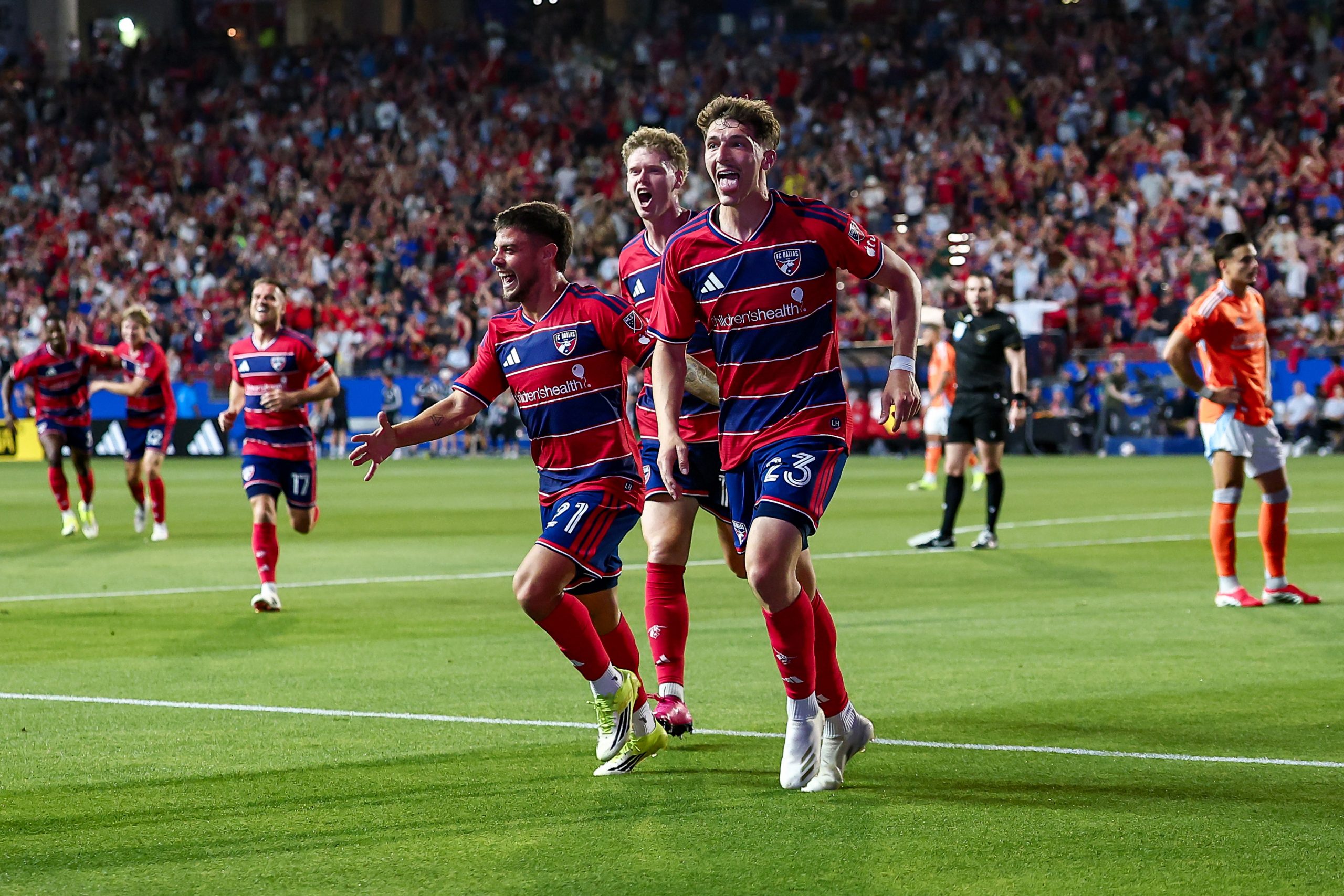 Logan Farrington celebrates one of his goals against Houston Dynamo, March 21, 2026. (Matt Visinsky, 3rd Degree)
