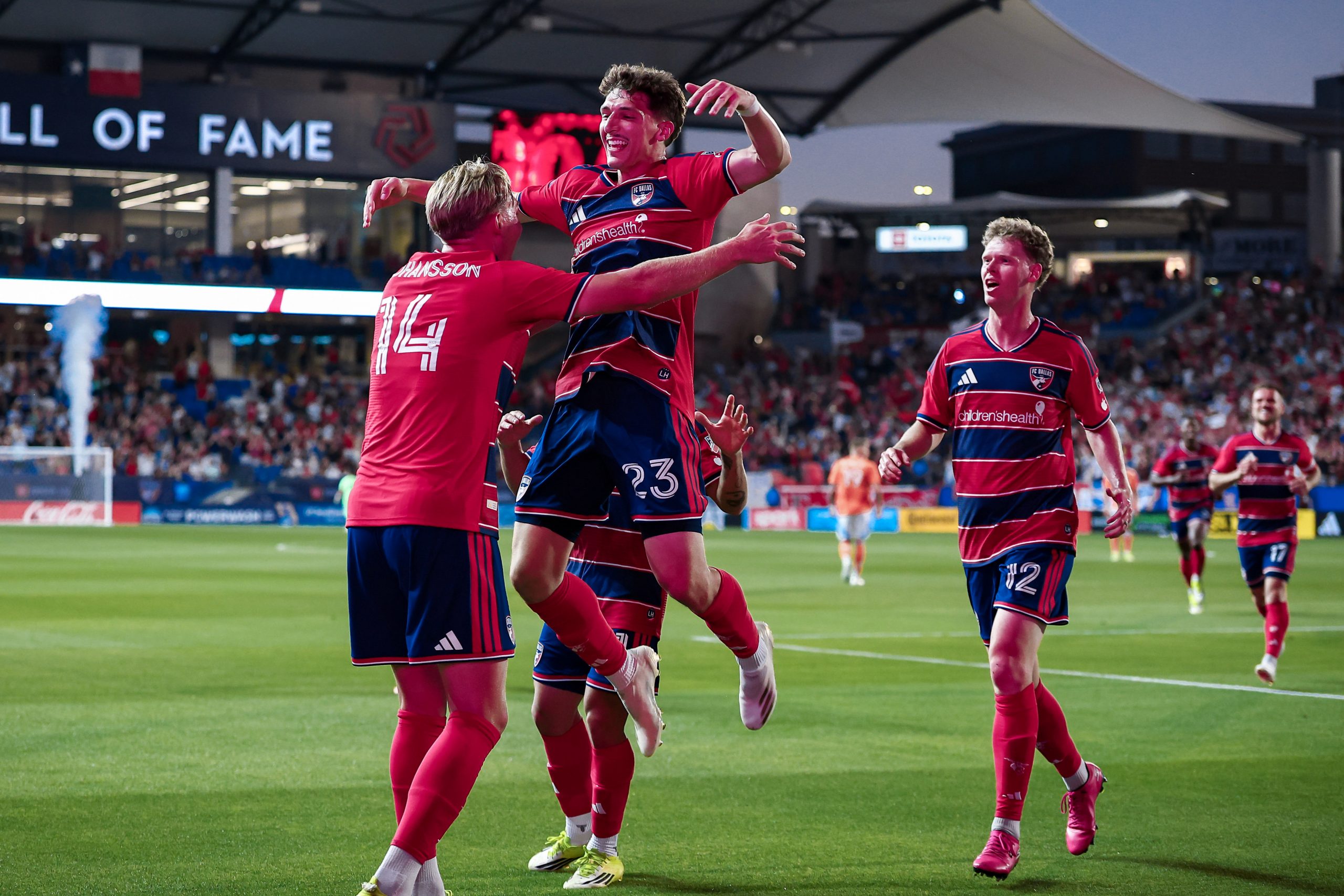 Logan Farrington celebrates one of his goals against Houston Dynamo, March 21, 2026. (Matt Visinsky, 3rd Degree)