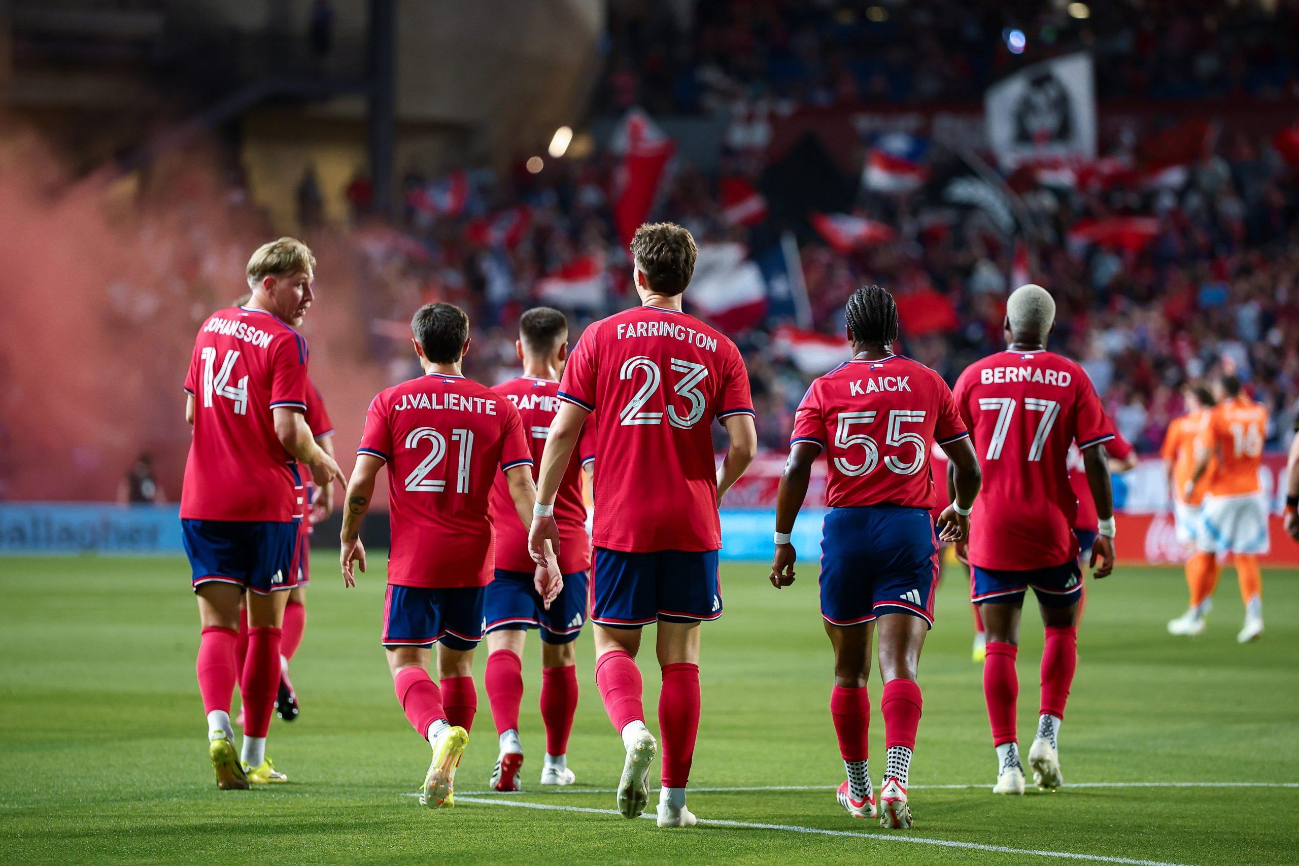 FC Dallas celebrates one of Logan Farrington's goals against Houston Dynamo, March 21, 2026. (Matt Visinsky, 3rd Degree)