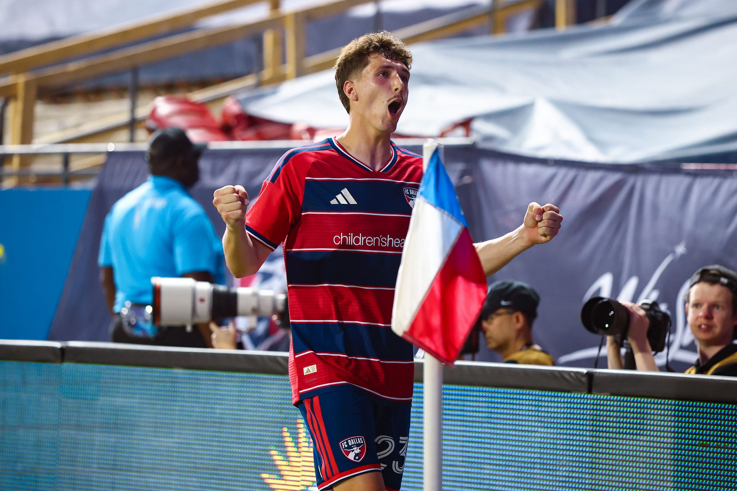 Logan Farrington celebrates against Houston Dynamo, March 21, 2026. (Matt Visinsky, 3rd Degree)