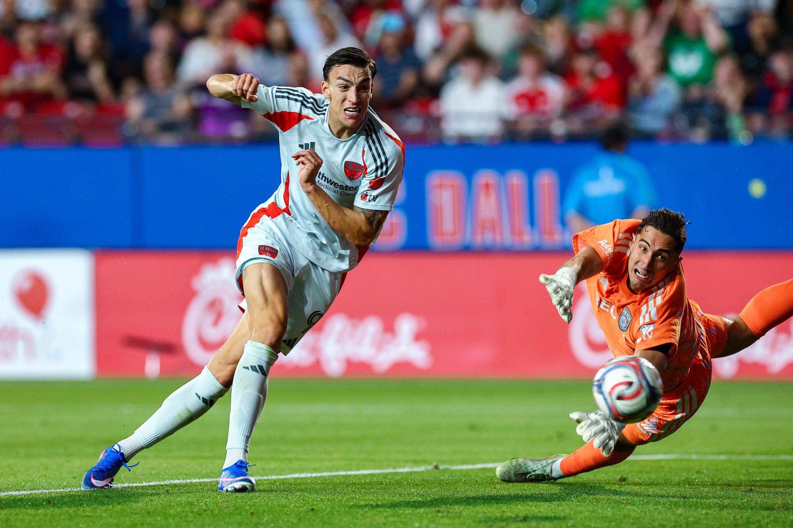 Petar Musa shoots past the keeper during the FC Dallas game against San Diego FC, March 14, 2026. (Matt Visinsky, 3rd Degree)