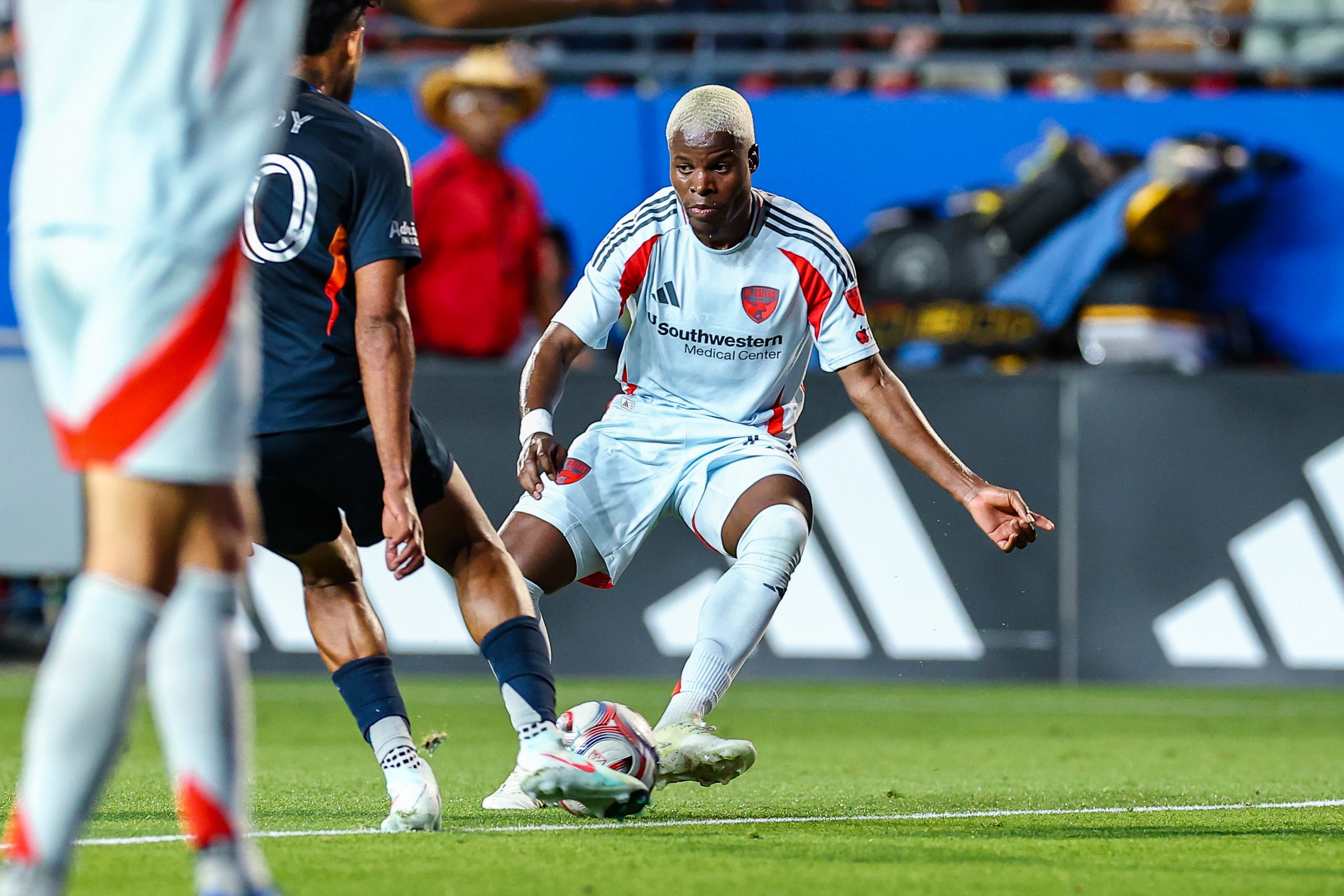 Bernard Kamungo passes across the top of the box (for an assist) during the FC Dallas game against San Diego FC, March 14, 2026. (Matt Visinsky, 3rd Degree)