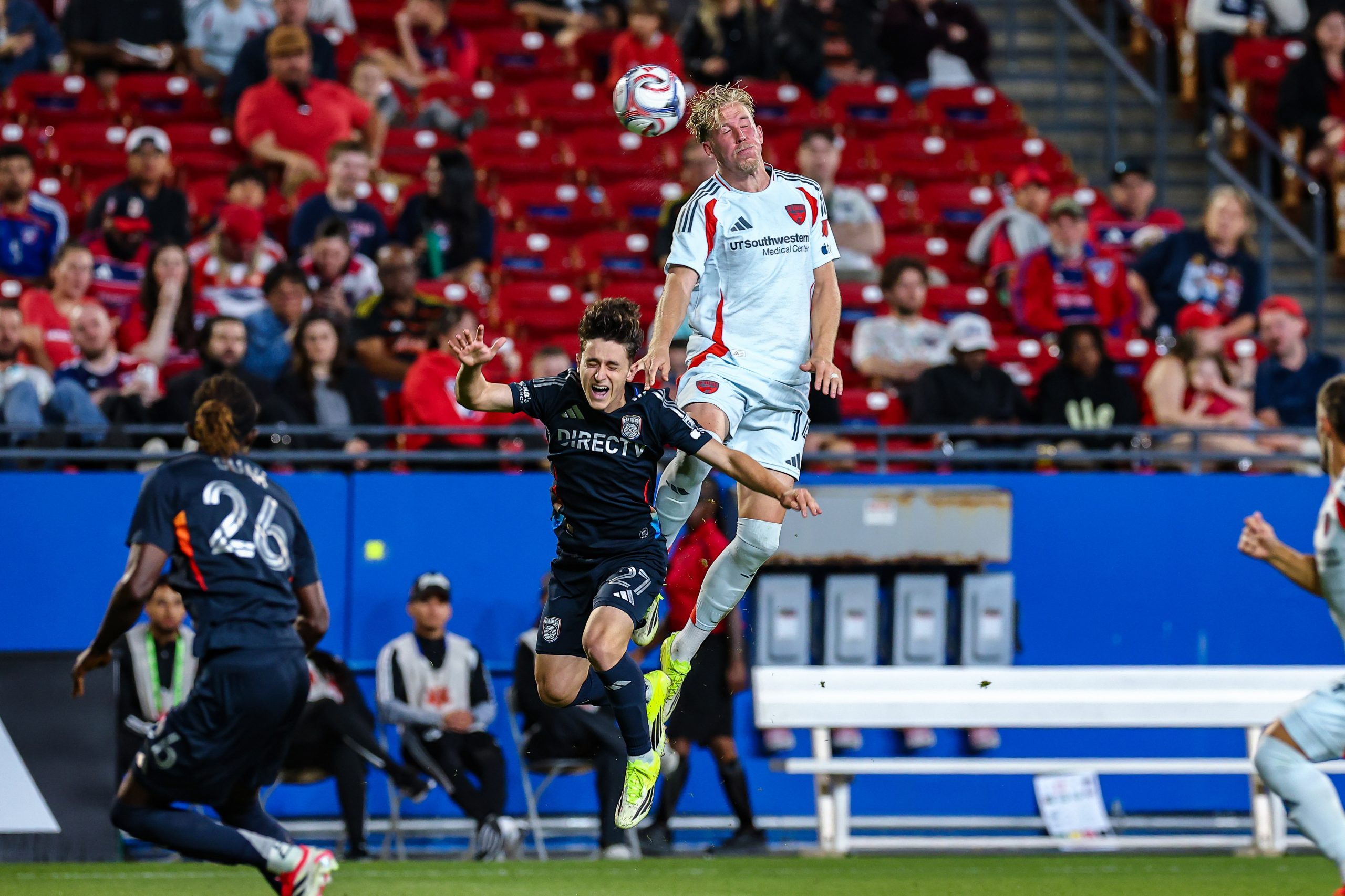 Herman Johansson dominates his opponent in the air during the FC Dallas game against San Diego FC, March 14, 2026. (Matt Visinsky, 3rd Degree)