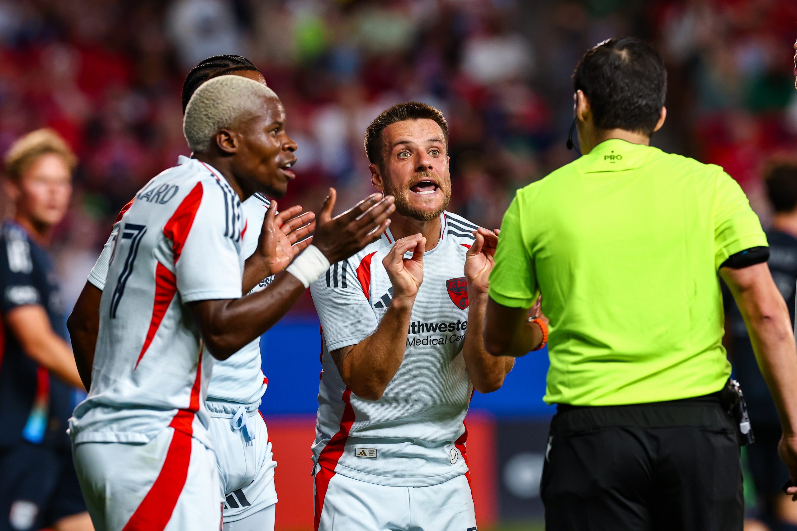 FCD Captain Ramiro tells the referee "look into my eyes" during the FC Dallas game against San Diego FC, March 14, 2026. (Matt Visinsky, 3rd Degree)