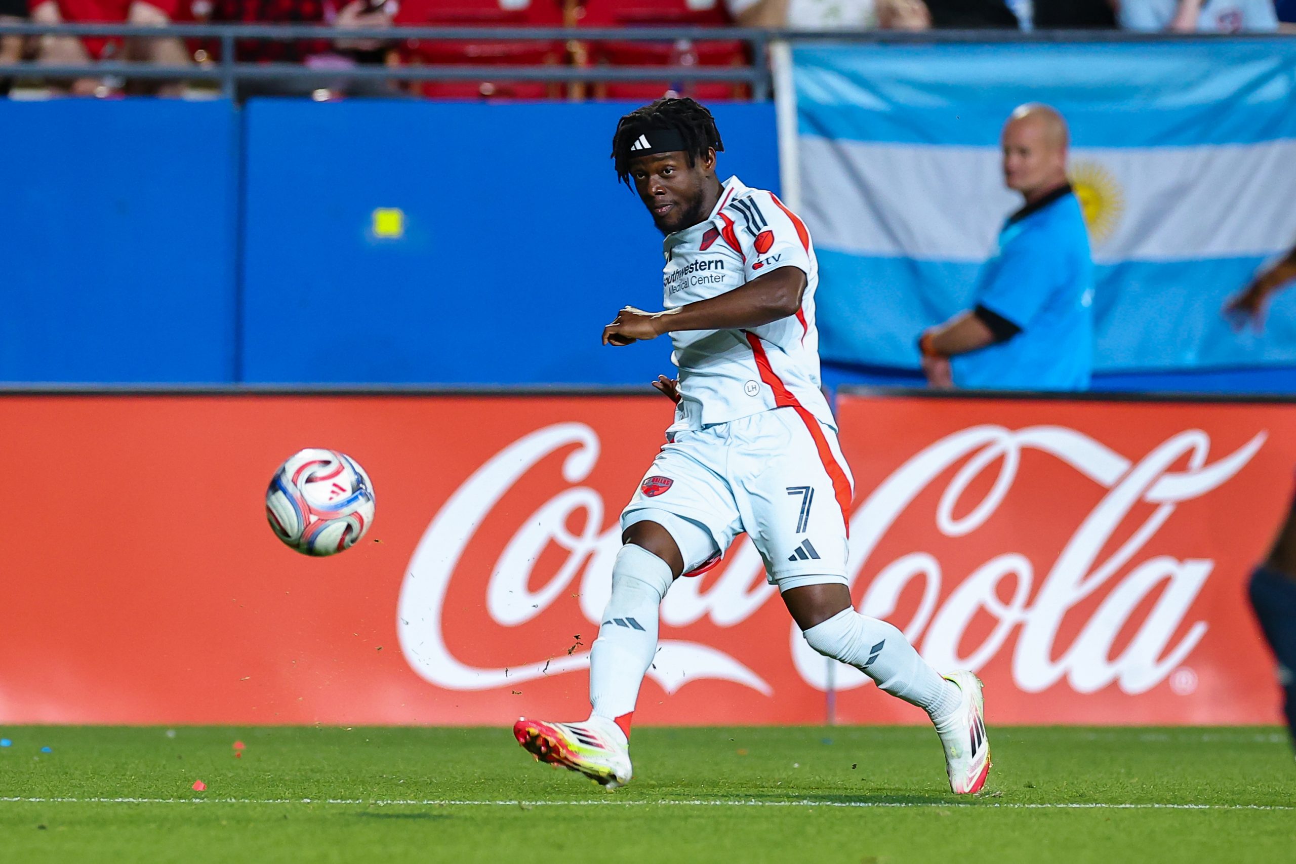 Louicius Deedson hits a cross during the FC Dallas game against San Diego FC, March 14, 2026. (Matt Visinsky, 3rd Degree)