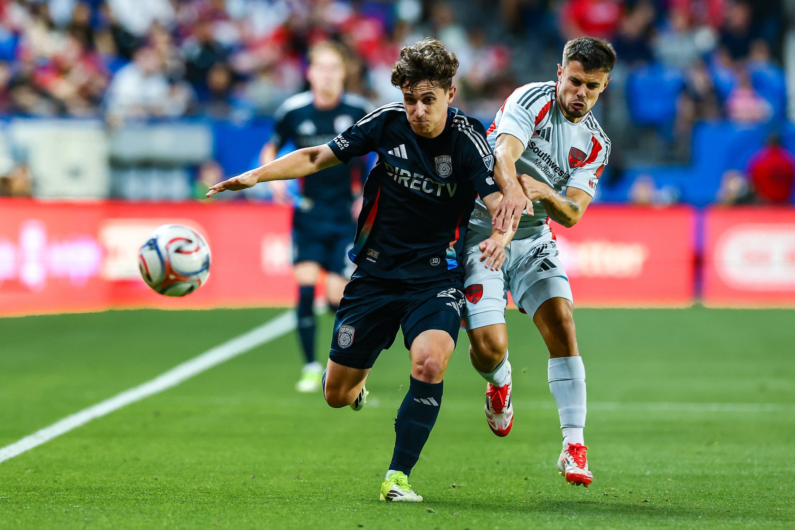 Joaquín Valiente fights for the ball during the FC Dallas game against San Diego FC, March 14, 2026. (Matt Visinsky, 3rd Degree)