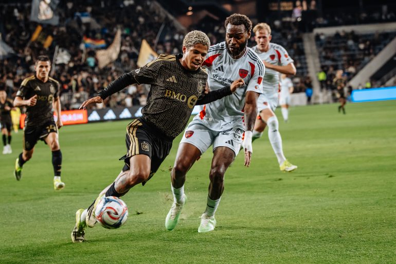 Sebastien Ibeagha defends against David Martinez, March 7, 2026. (Courtesy LAFC)