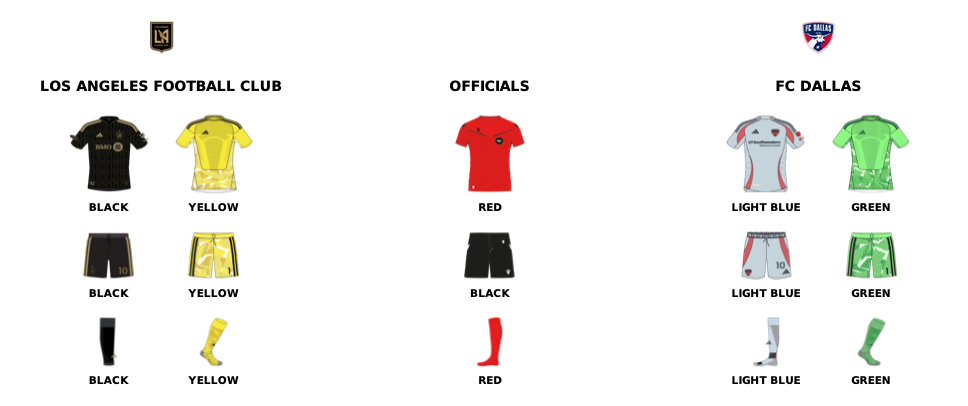 MLS kit assignments for FC Dallas at LAFC, March 7, 2026. (Courtesy MLS)