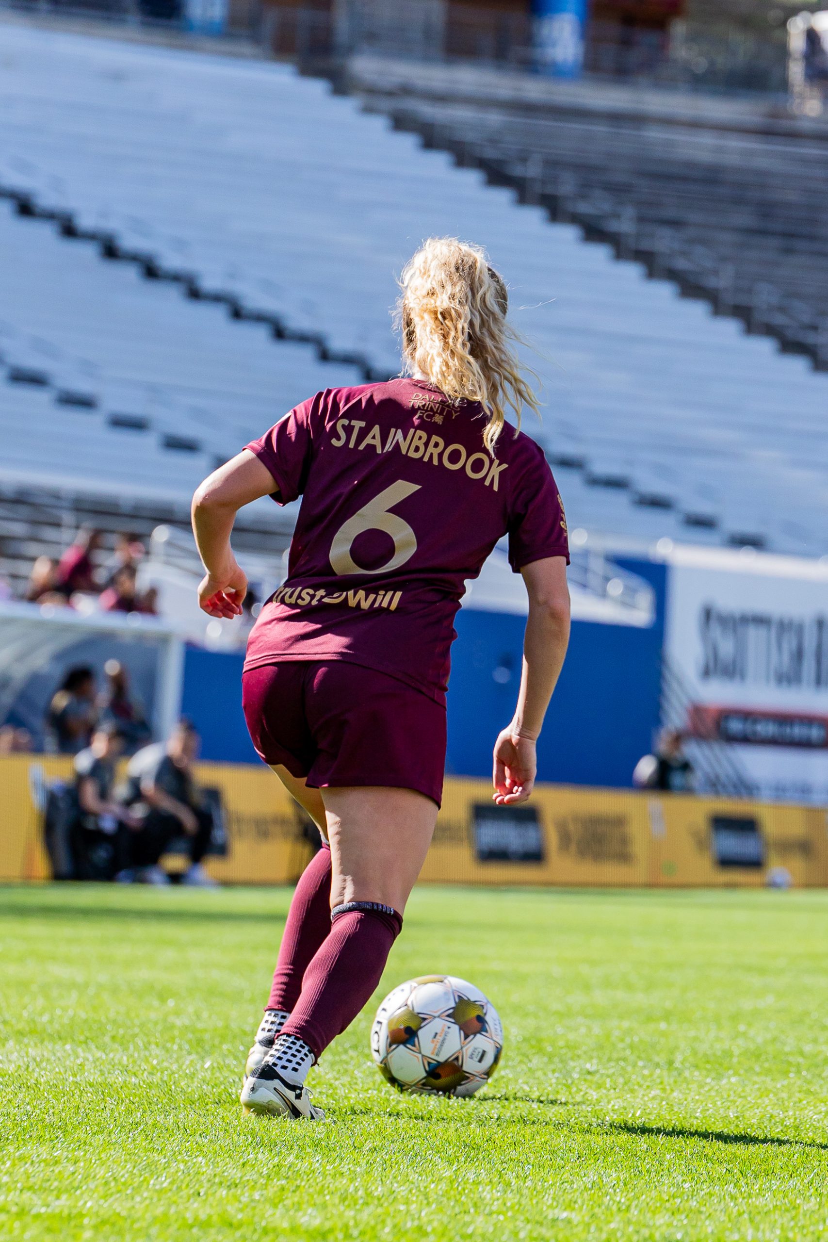 Heather Stainbrook, who's shot resulted in an early own goal for Spokane Zephyr April 4, 2026 (Photo: Marcanthony Chavez Courtesy Dallas Trinty FC)